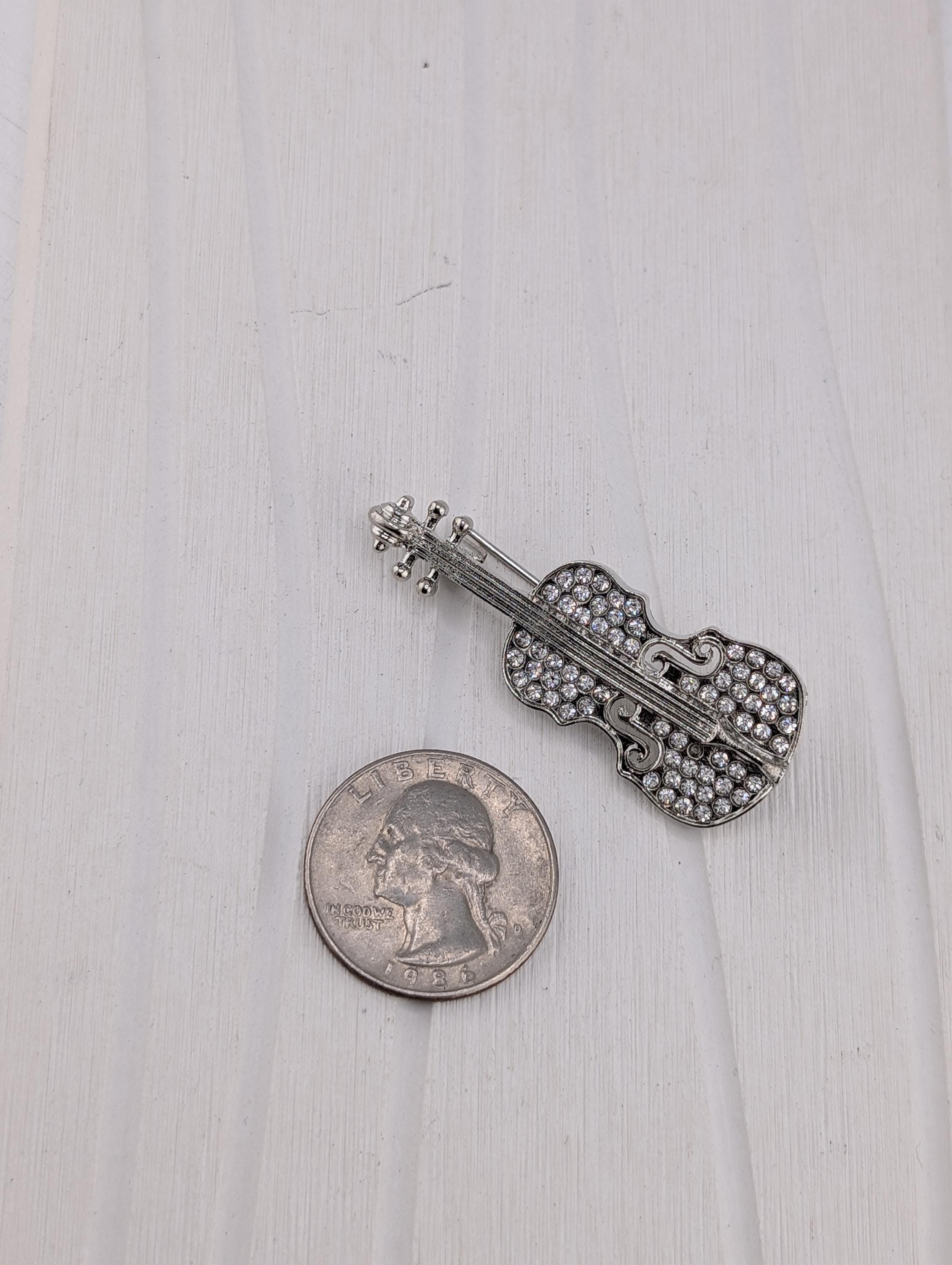 Music Lover Silver Violin Brooch, Rhinestone Sparkle (Compact Pin) | Handmade Pin | Jacket Scarf Hat Accessory | Gift Idea