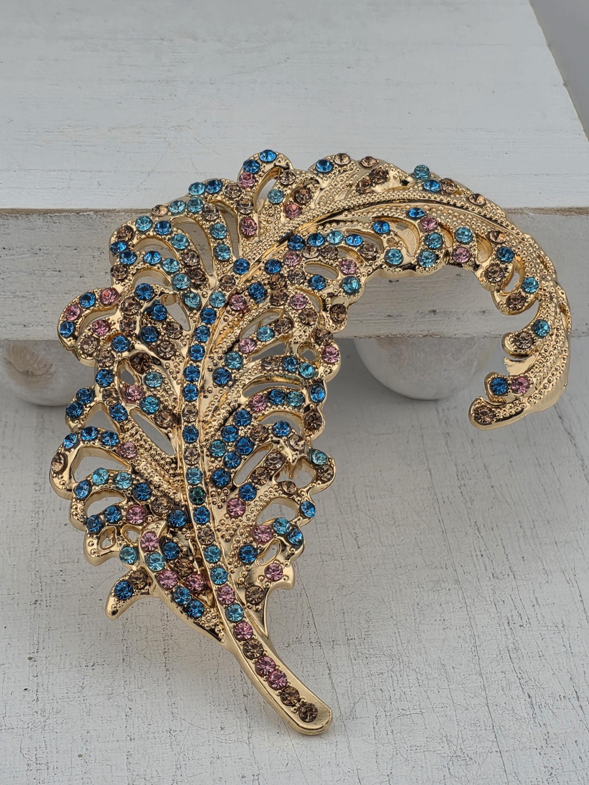 Gold Plated Feather Brooch, Aqua Pink Accents (Lightweight, Elegant Pin) | Handmade Pin | Jacket Scarf Hat Accessory | Gift Idea