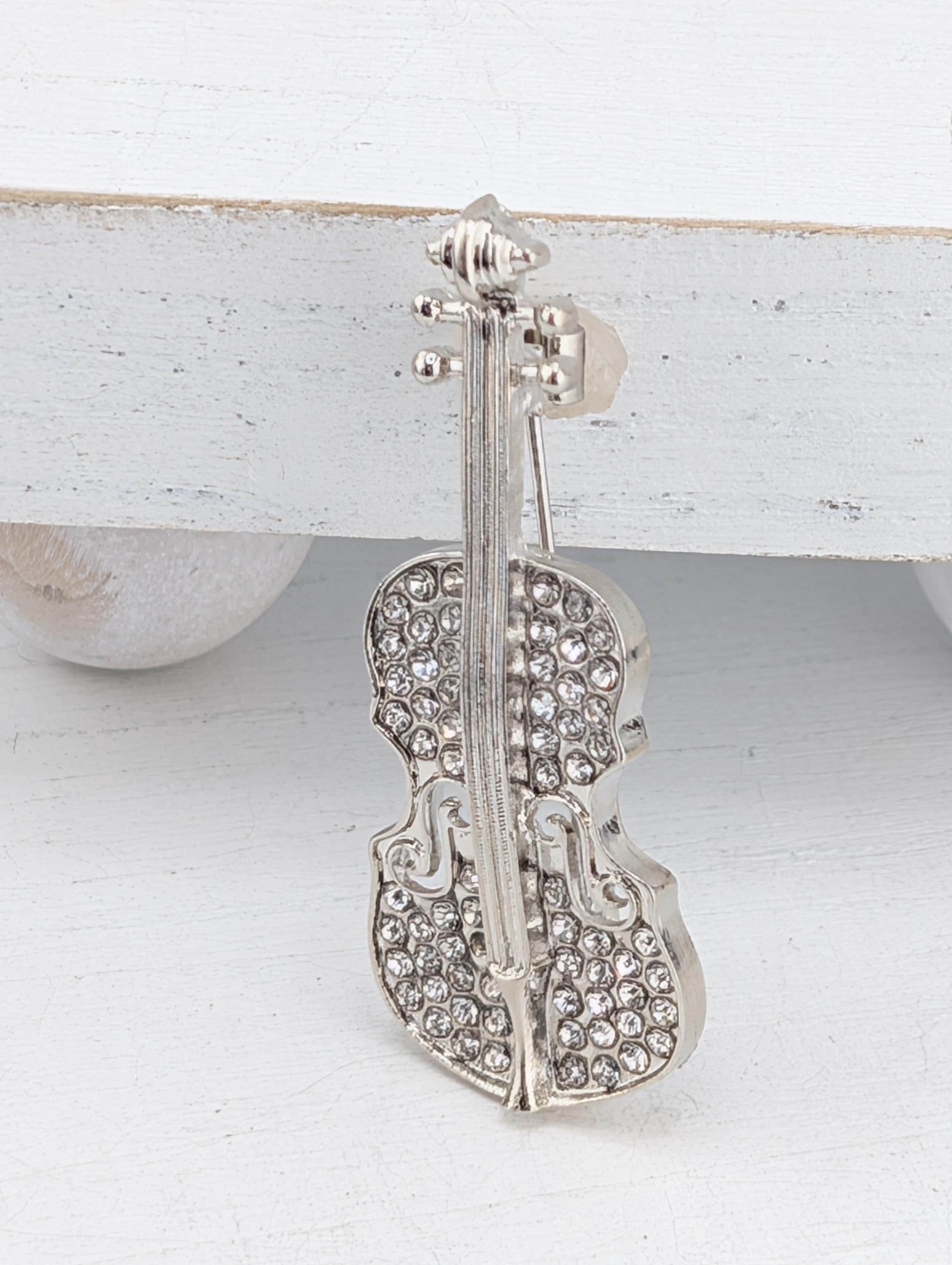 Music Lover Silver Violin Brooch, Rhinestone Sparkle (Compact Pin) | Handmade Pin | Jacket Scarf Hat Accessory | Gift Idea
