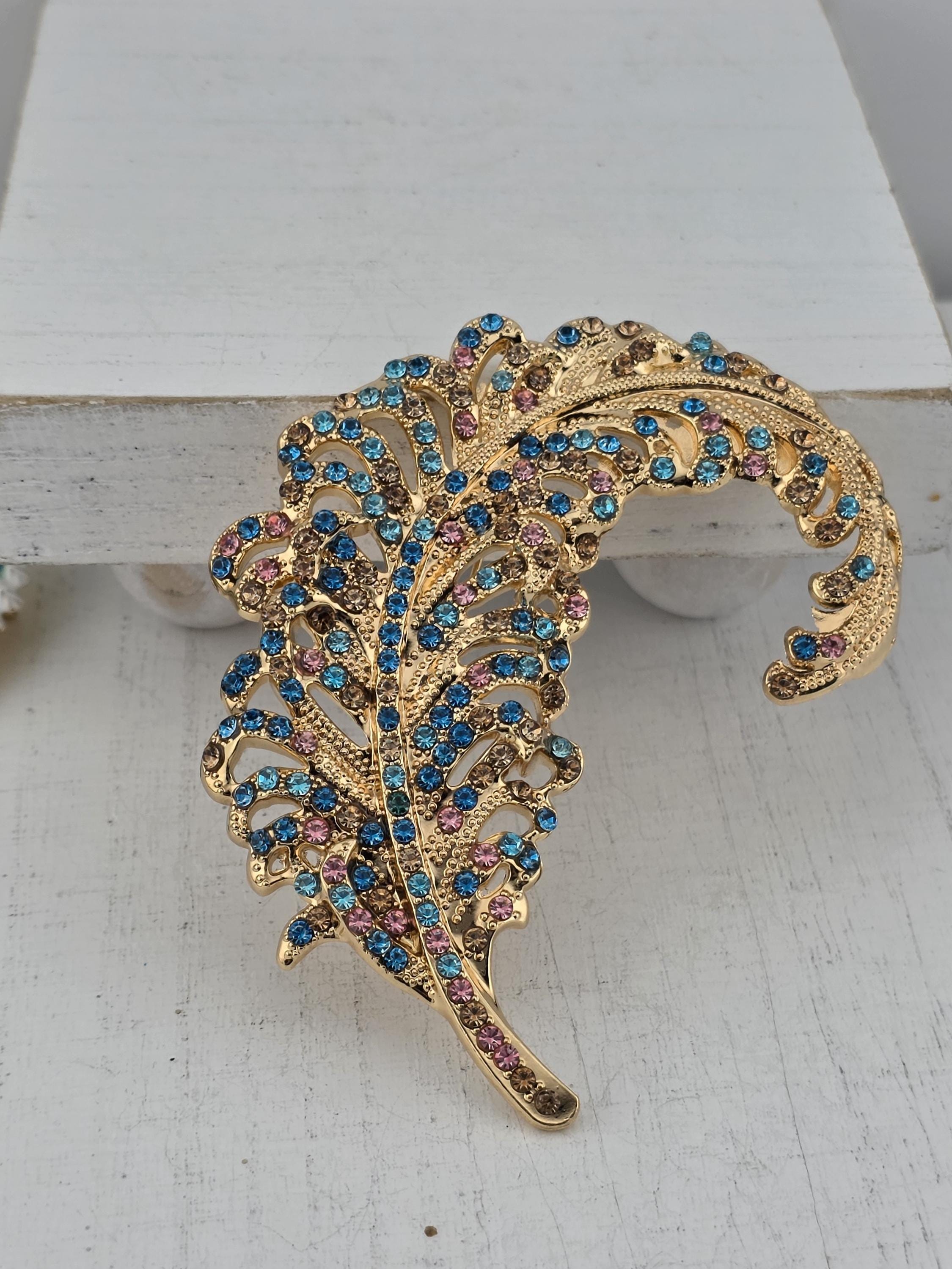 Gold Plated Feather Brooch, Aqua Pink Accents (Lightweight, Elegant Pin) | Handmade Pin | Jacket Scarf Hat Accessory | Gift Idea