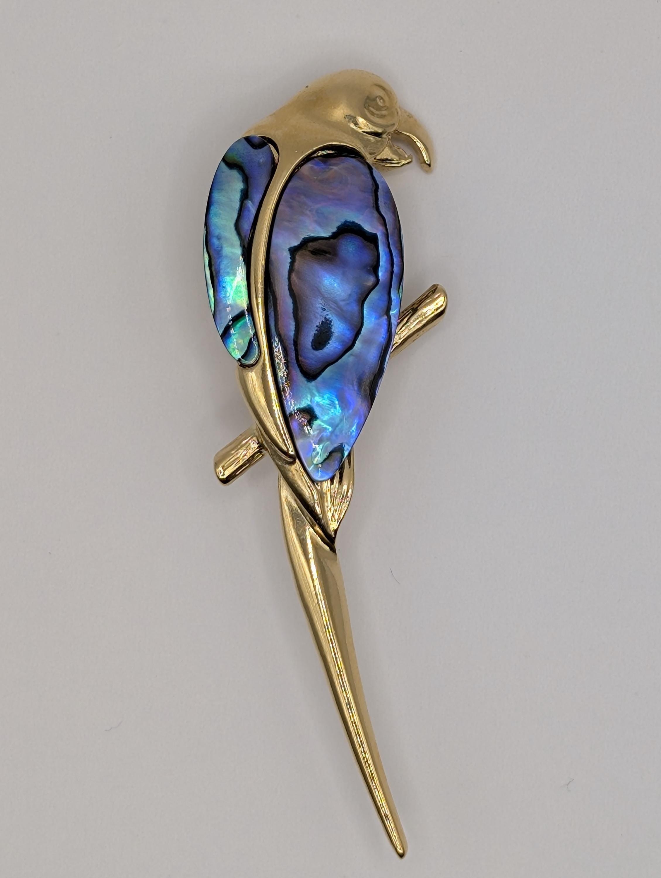 Abalone Bird Brooch Pin, Iridescent Shell, Gold Plated (Handmade)