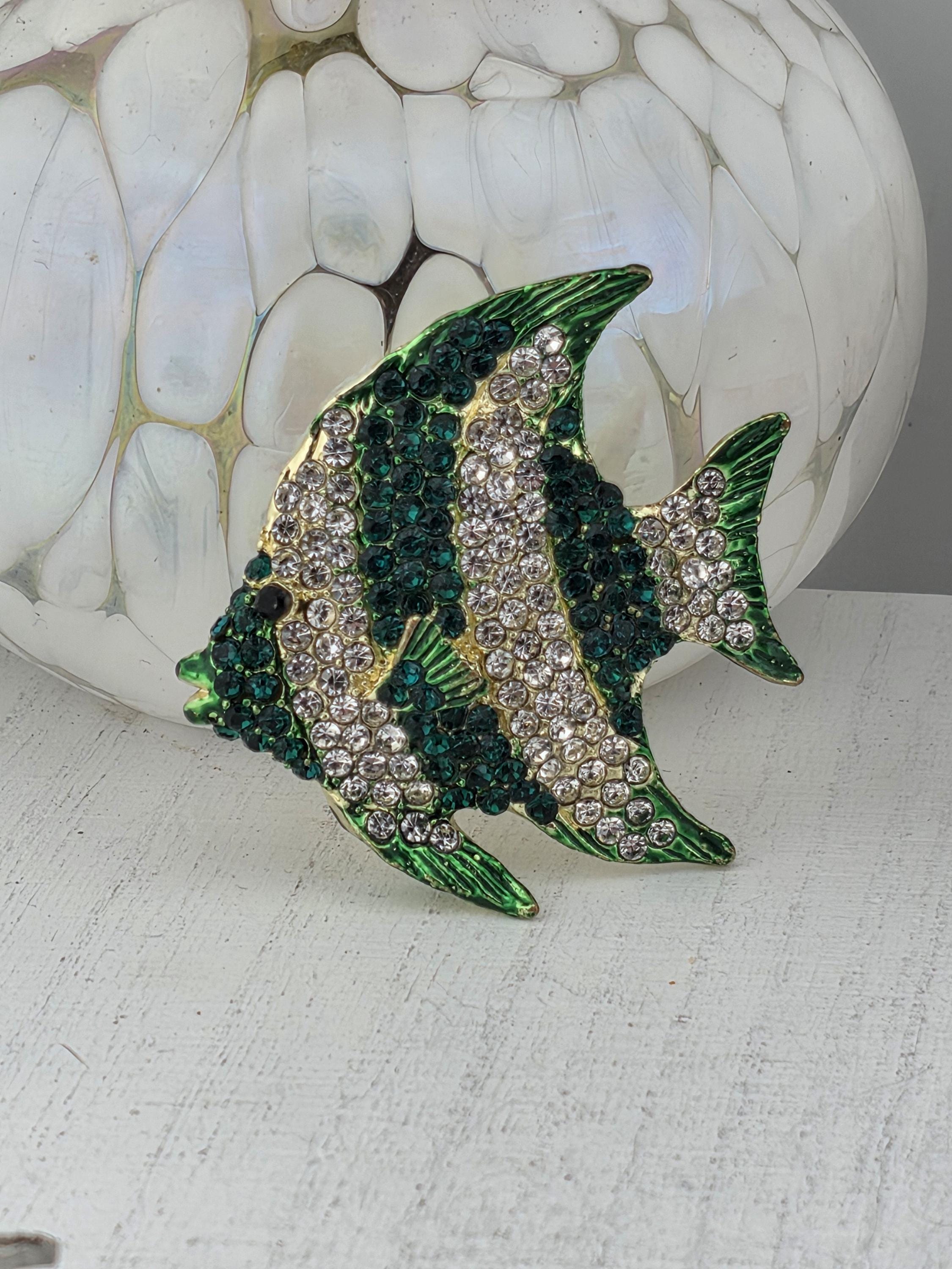 Fish Brooch Pin: Gold Plated, Emerald and Clear Rhinestones (Compact Size)