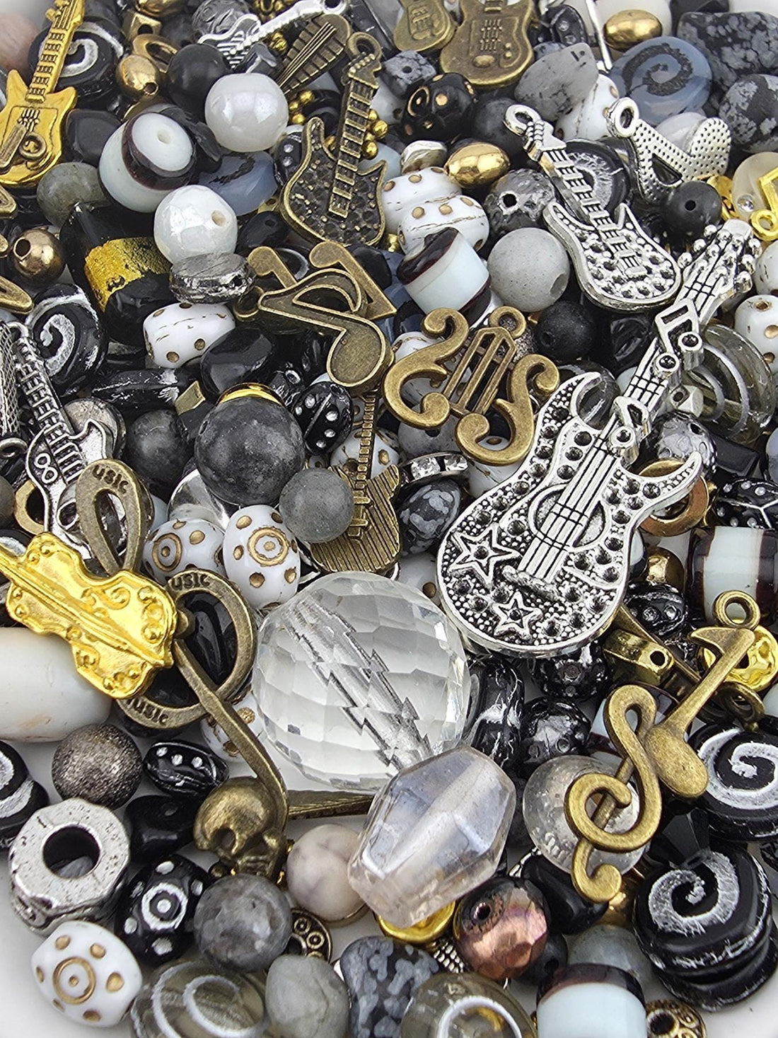 Heavy Metal Bead Mix Semi Precious Stone Collection Music Theme Jewelry Making Supply Gothic Style Beads Natural Stone Mix Guitar Charm Beads Black Silver Accents Metallic Spacers Rock Inspired Design DIY Craft Supplies Unique Artisan