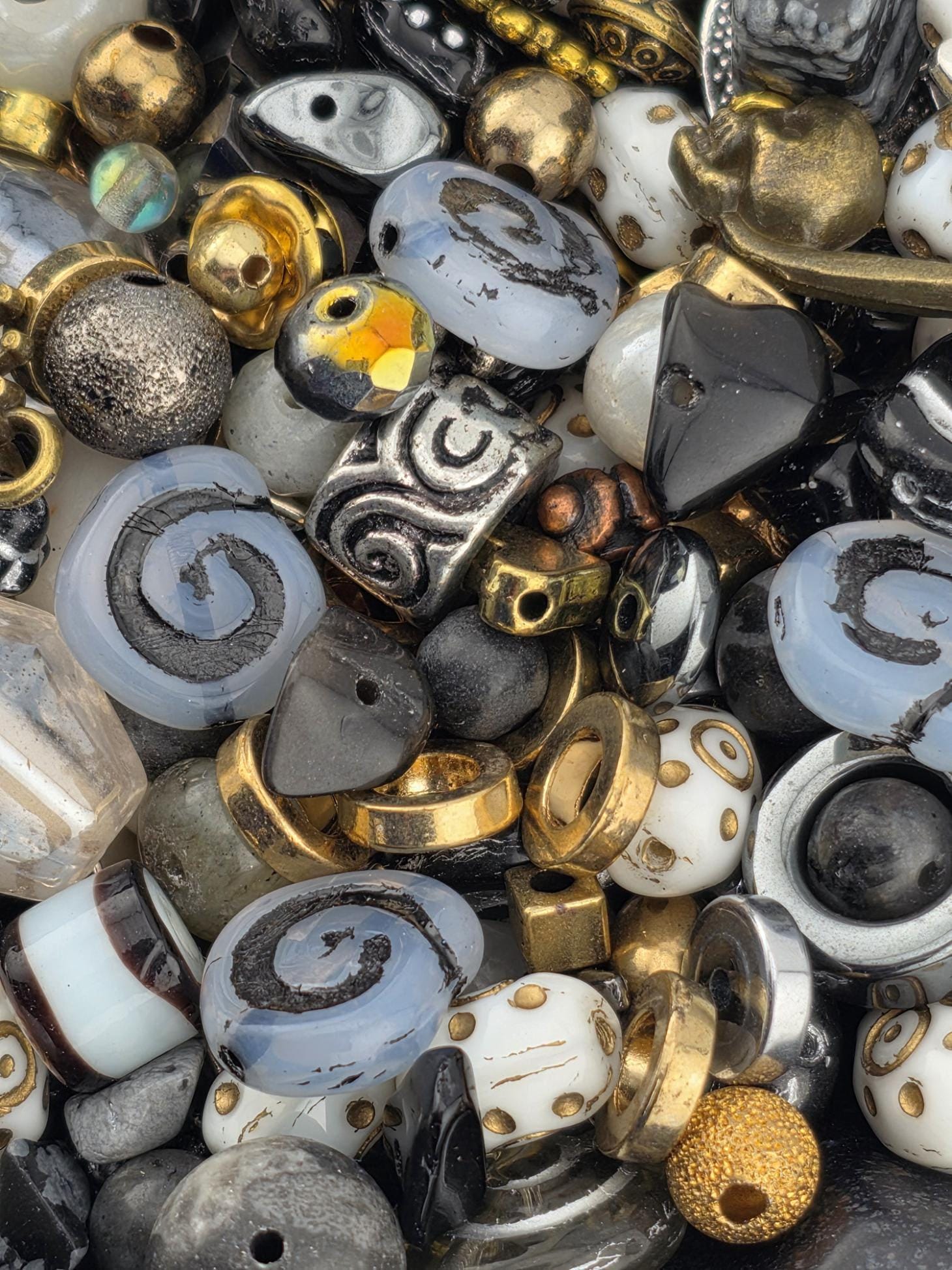 Artisan Bead Soup Mix Heavy Metal Theme Semi Precious Stone Collection Jewelry Supply Kit Rock Music Inspired Beads Guitar Charm Elements Black White Contrast Mix Silver Metallic Components Natural Stone Selection DIY Craft Materials Unique