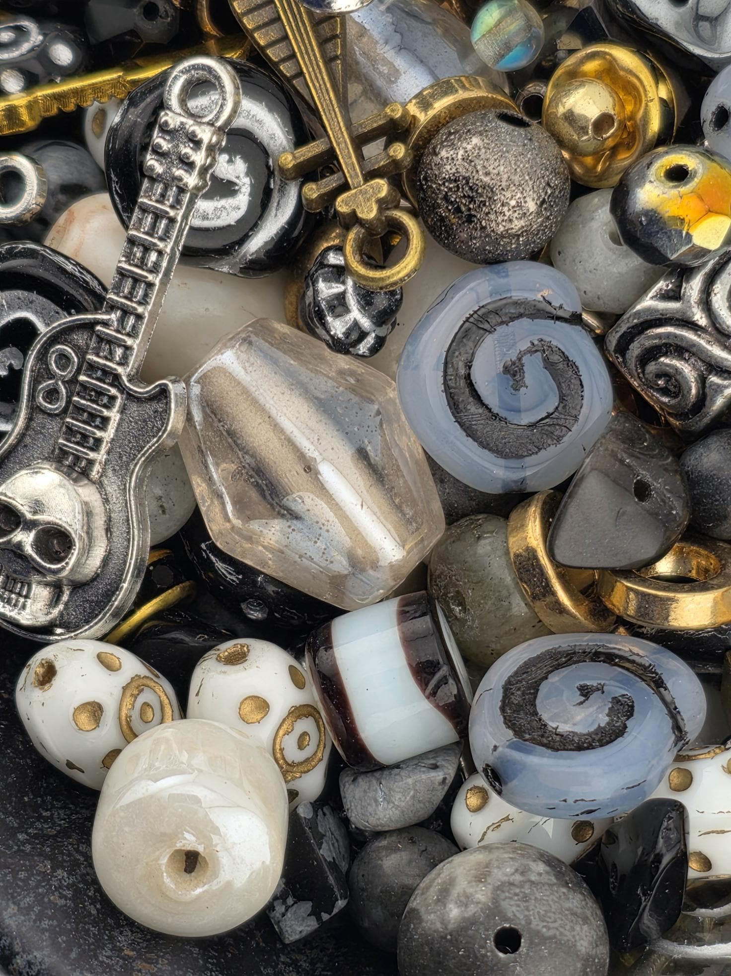 Gothic Charm Collection Heavy Metal Bead Mix Natural Stone Selection Music Themed Jewelry Supplies Semi Precious Stone Beads Creative Craft Materials Guitar Design Elements Rock Style Components Black Silver Accents Artisan Quality Mix DIY