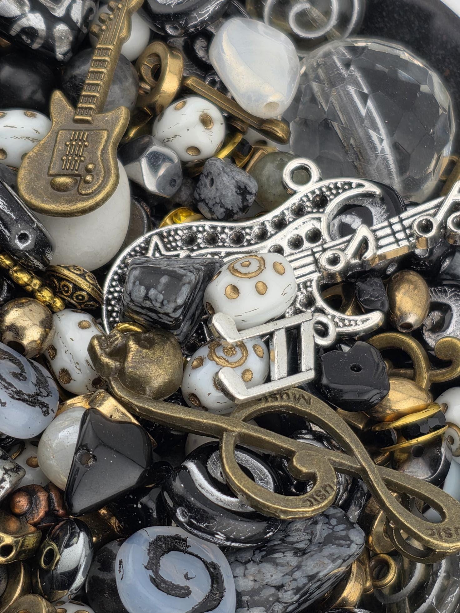 Mixed Material Bead Set Heavy Metal Theme Jewelry Making Supply Semi Precious Stone Collection Guitar Charm Elements Creative Craft Components Black Silver Metallic Mix Natural Stone Beads Rock Music Inspired Design Artisan Quality