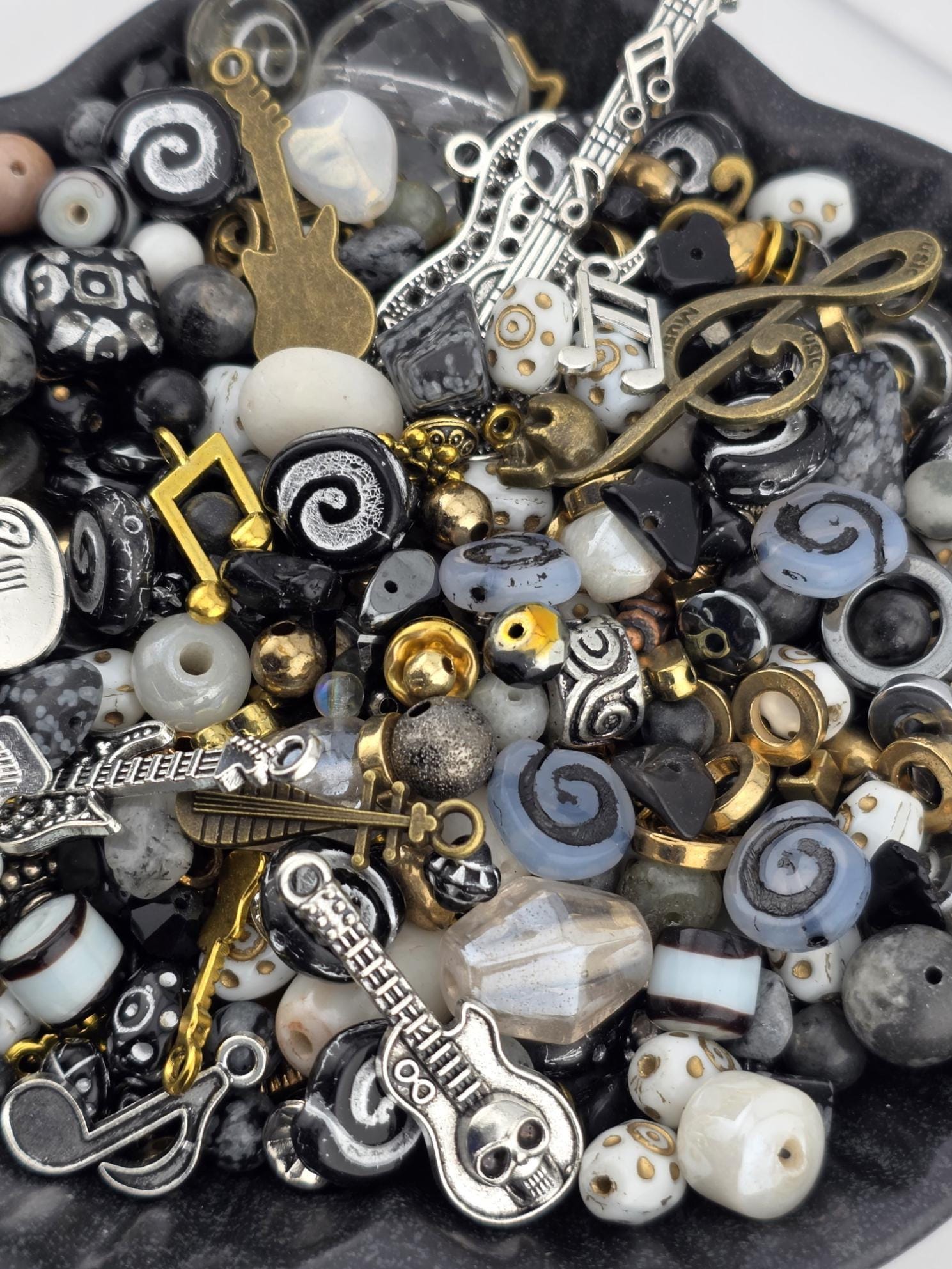 Rock-Inspired Bead Mix, Guitar & Skull Charms (Semi-Precious Stones)