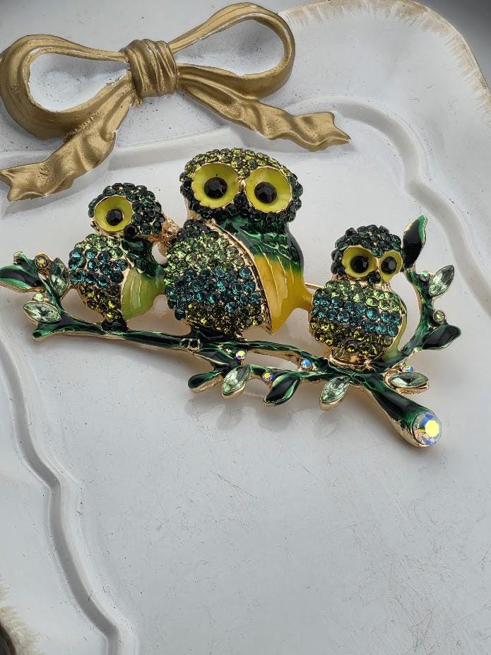 A decorative brooch featuring three ornate owls with green and yellow feathers, set against a black background and framed by an ornate white frame.