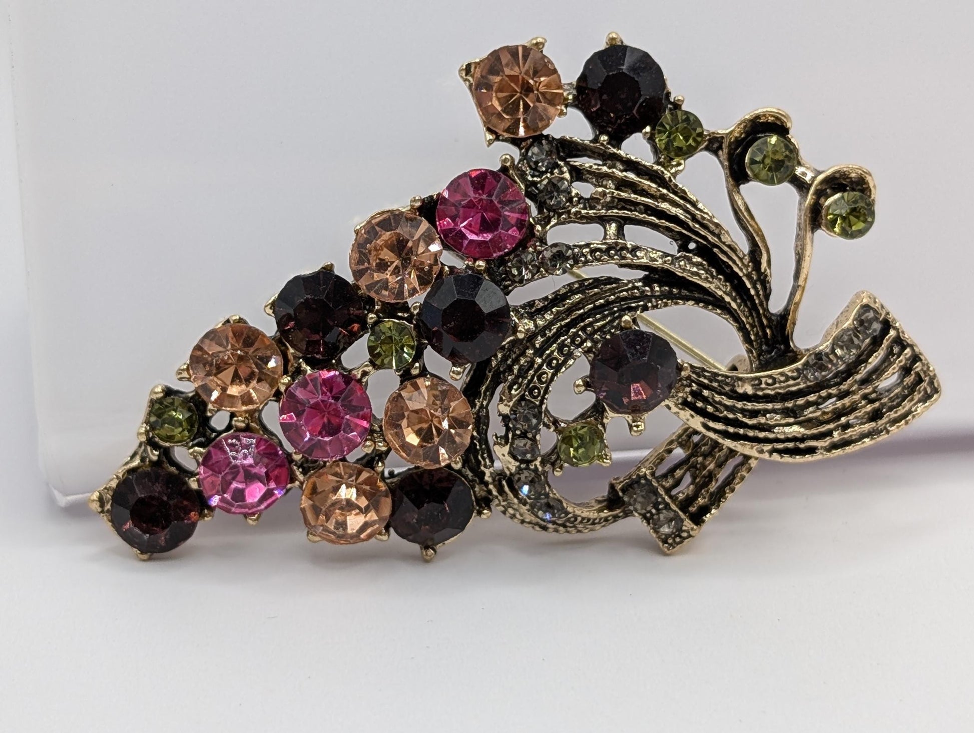 Cornucopia Brooch:Golden Bronze Plated Pin with Colorful Rhinestones | Handmade Pin | Jacket Scarf Hat Accessory | Gift Idea