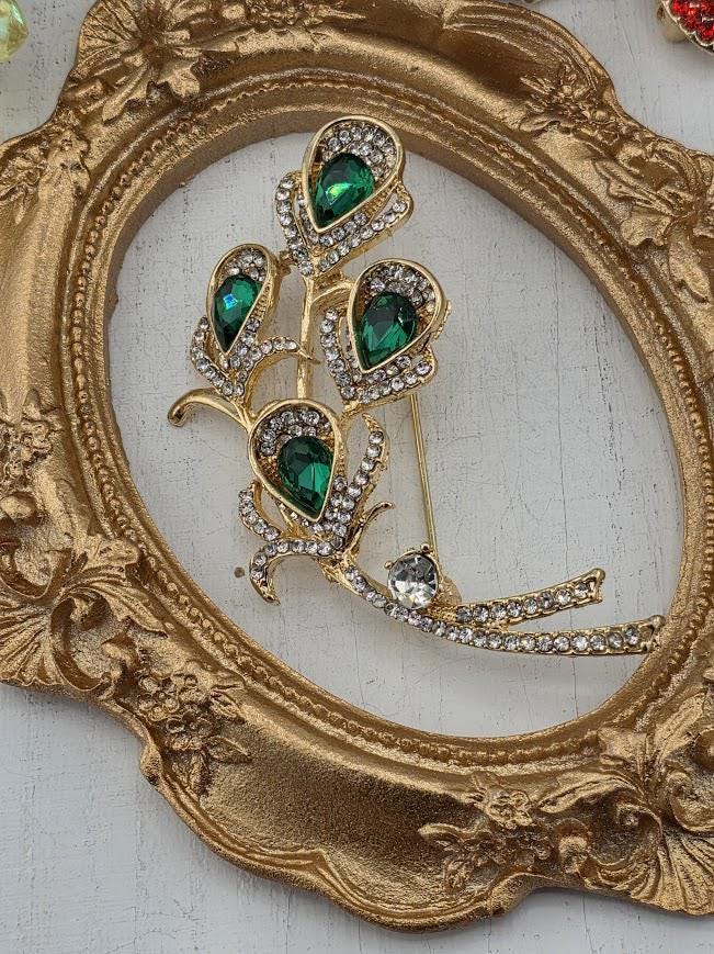 Emerald Peacock Feather Brooch: Gold Plated, Vintage Style Pin