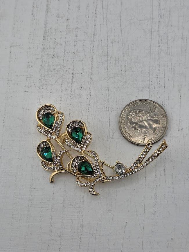 Emerald Peacock Feather Brooch: Gold Plated, Vintage Style Pin
