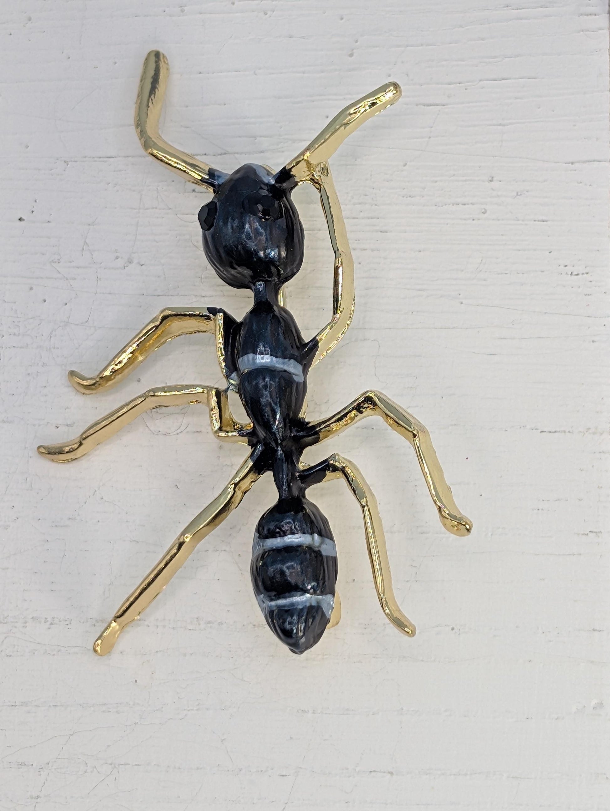 Gold Plated Ant Brooch Pin - Black Enamel Pendant or Bag Accessory