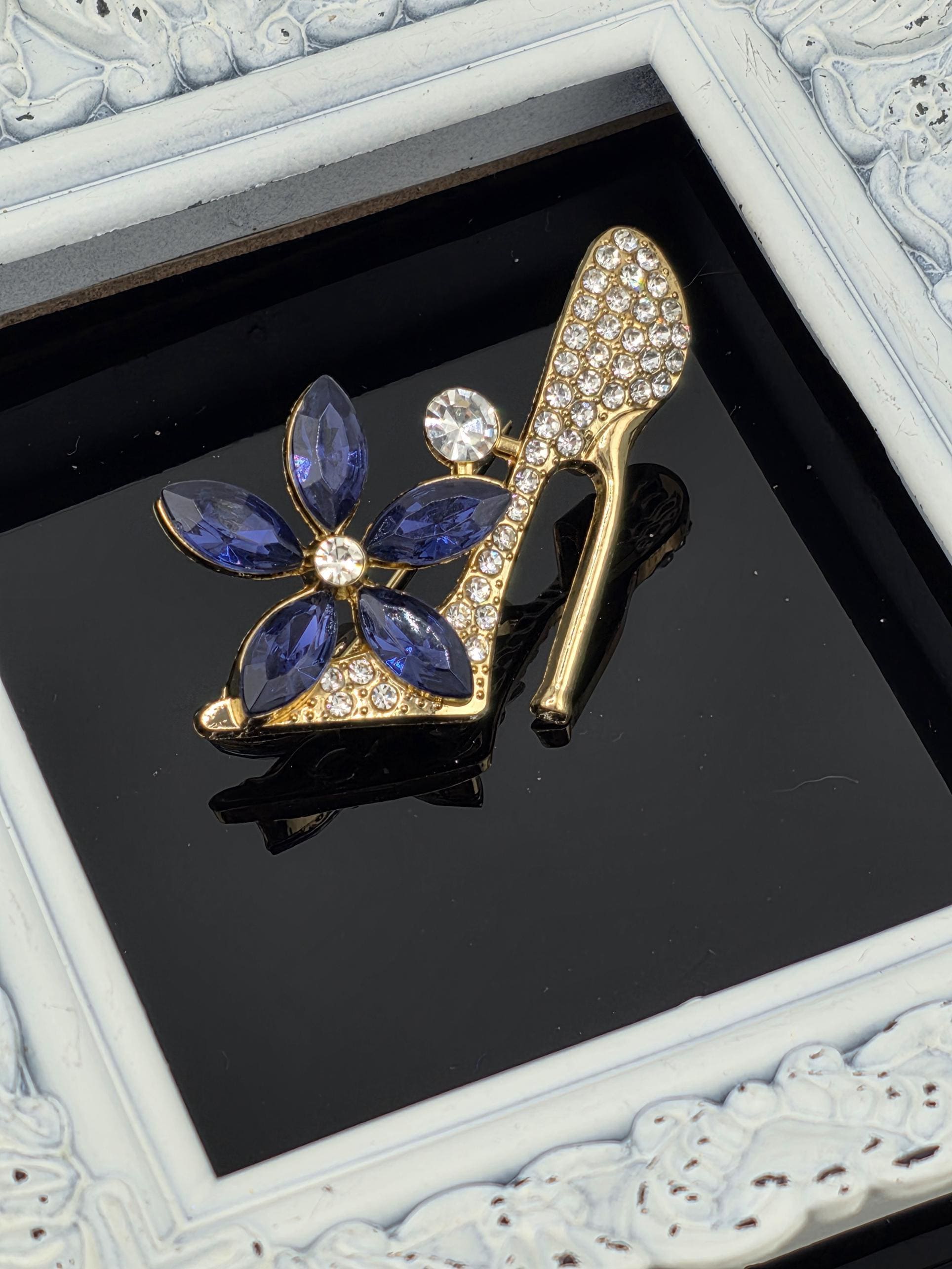 Gold Plated High Heel Brooch, Blue Accent (Lightweight, Elegant Pin)