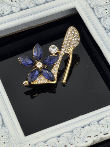 Gold Plated High Heel Brooch, Blue Accent (Lightweight, Elegant Pin)