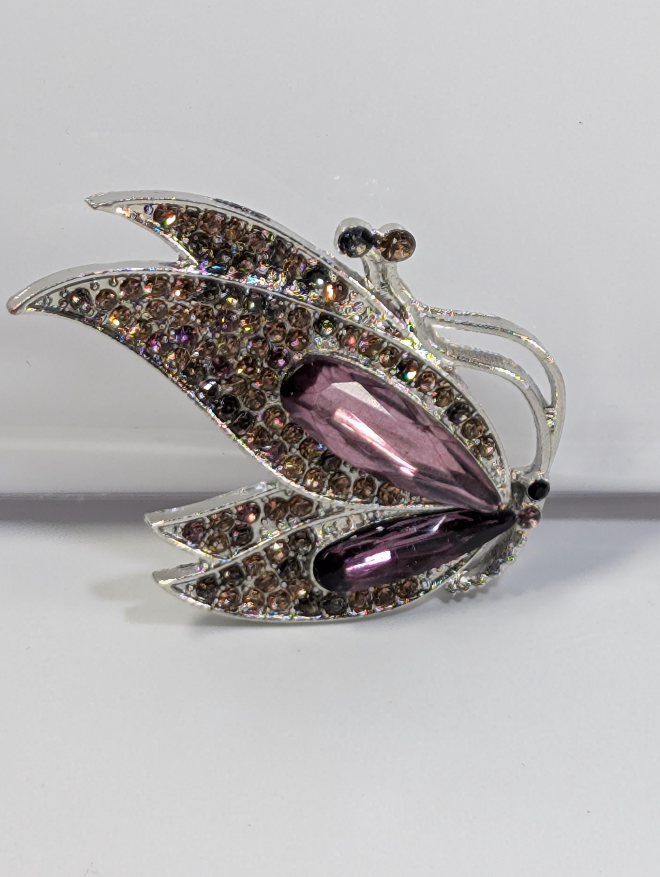 Purple Topaz Brooch Pin, Silver Plated Rhinestone (Secure Clasp)