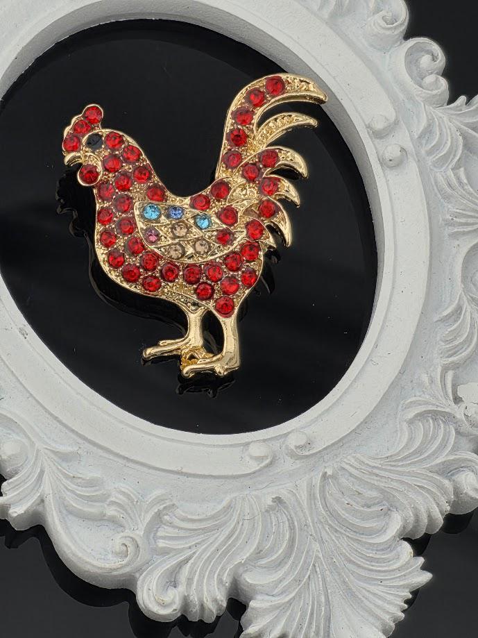 Rooster Brooch: Gold Plated Red Rhinestones - Lightweight Animal Pin