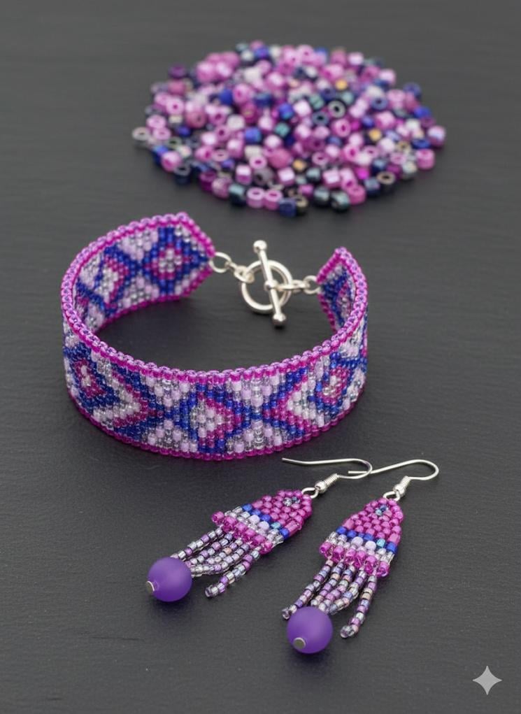 a collection of beaded jewelry, including a bracelet, earrings, and a necklace, all featuring a vibrant purple and blue color scheme.
