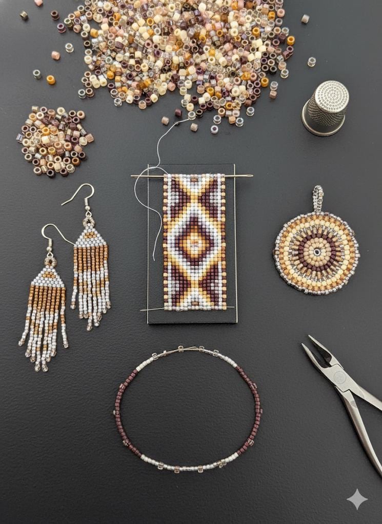 various beaded and bead-based jewelry and crafting supplies arranged on a dark surface.