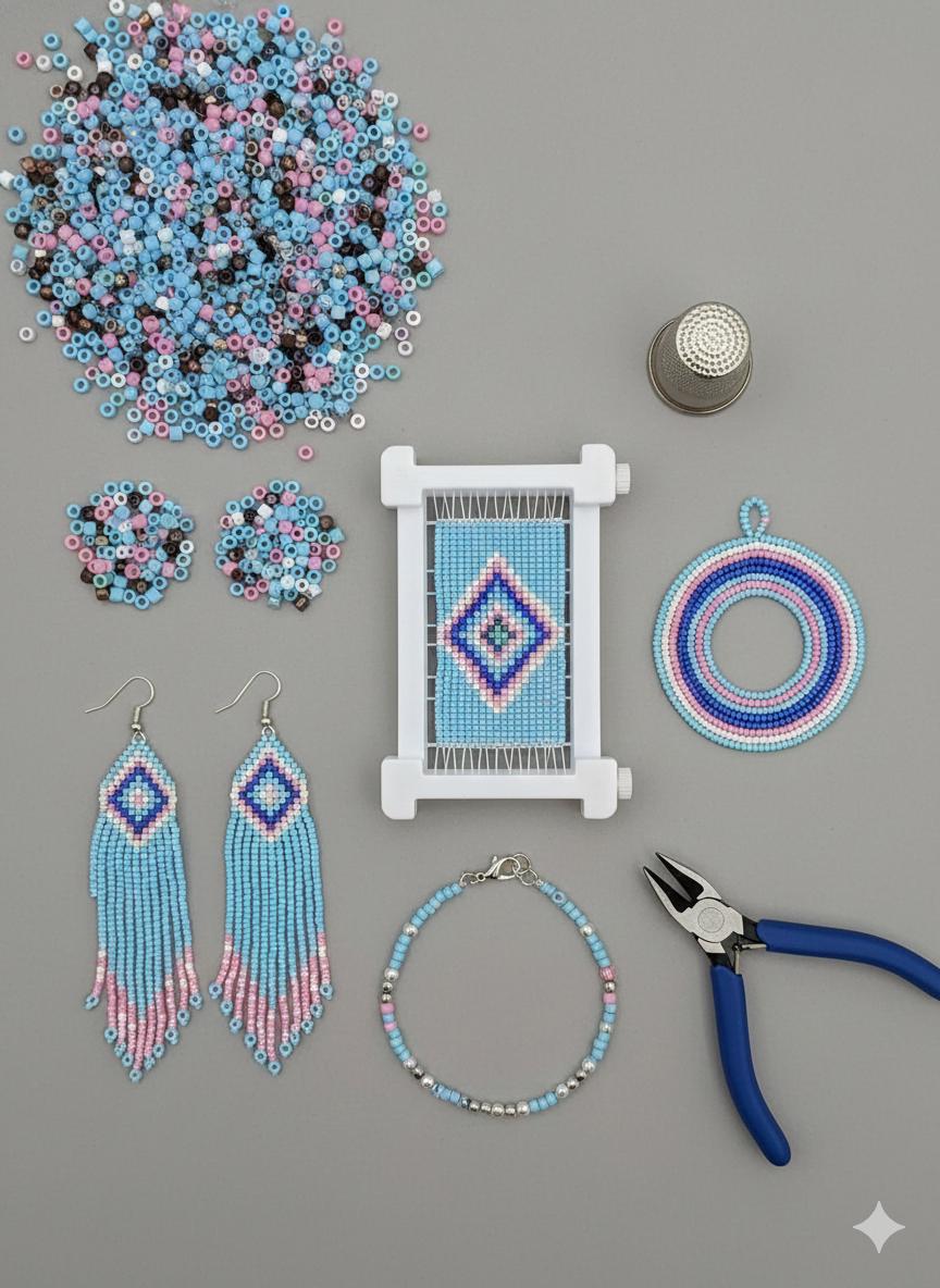 various beaded and bead-based jewelry and crafting supplies, including earrings, a beaded frame, a bead necklace, a bead ring, a bead thimble, and a pair of pliers.