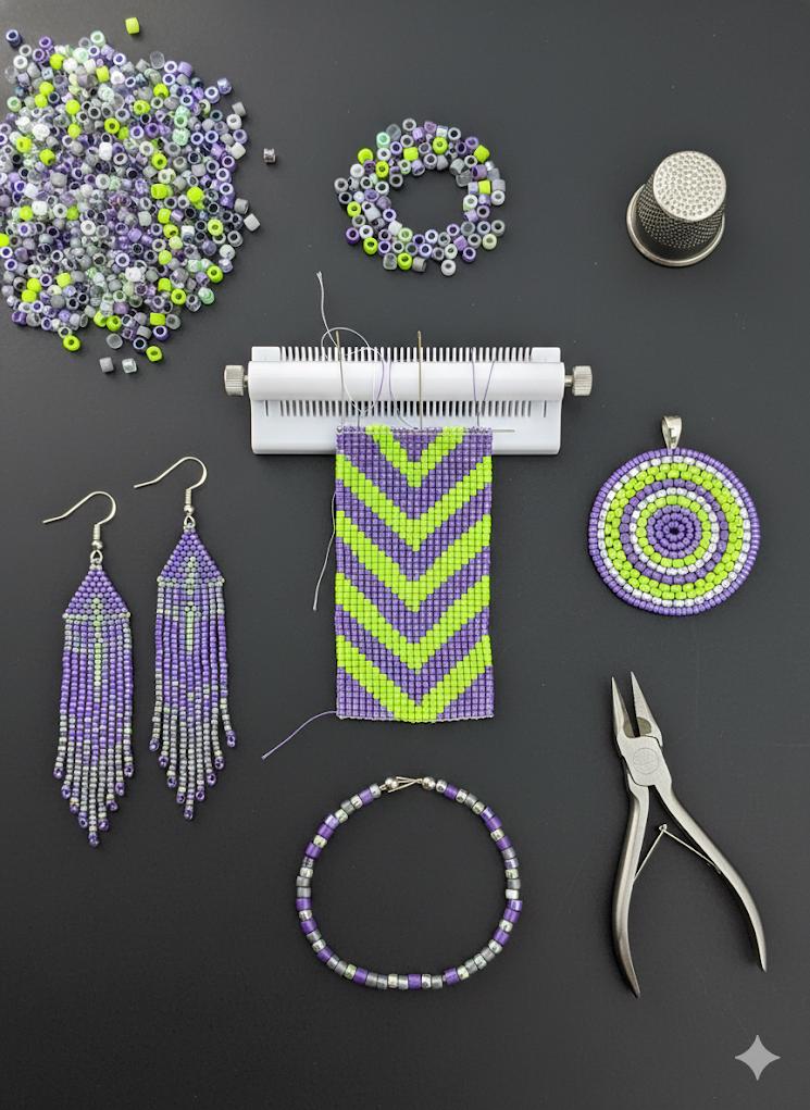 various crafting supplies and materials, including beads, a thimble, pliers, and other tools, arranged on a dark background.