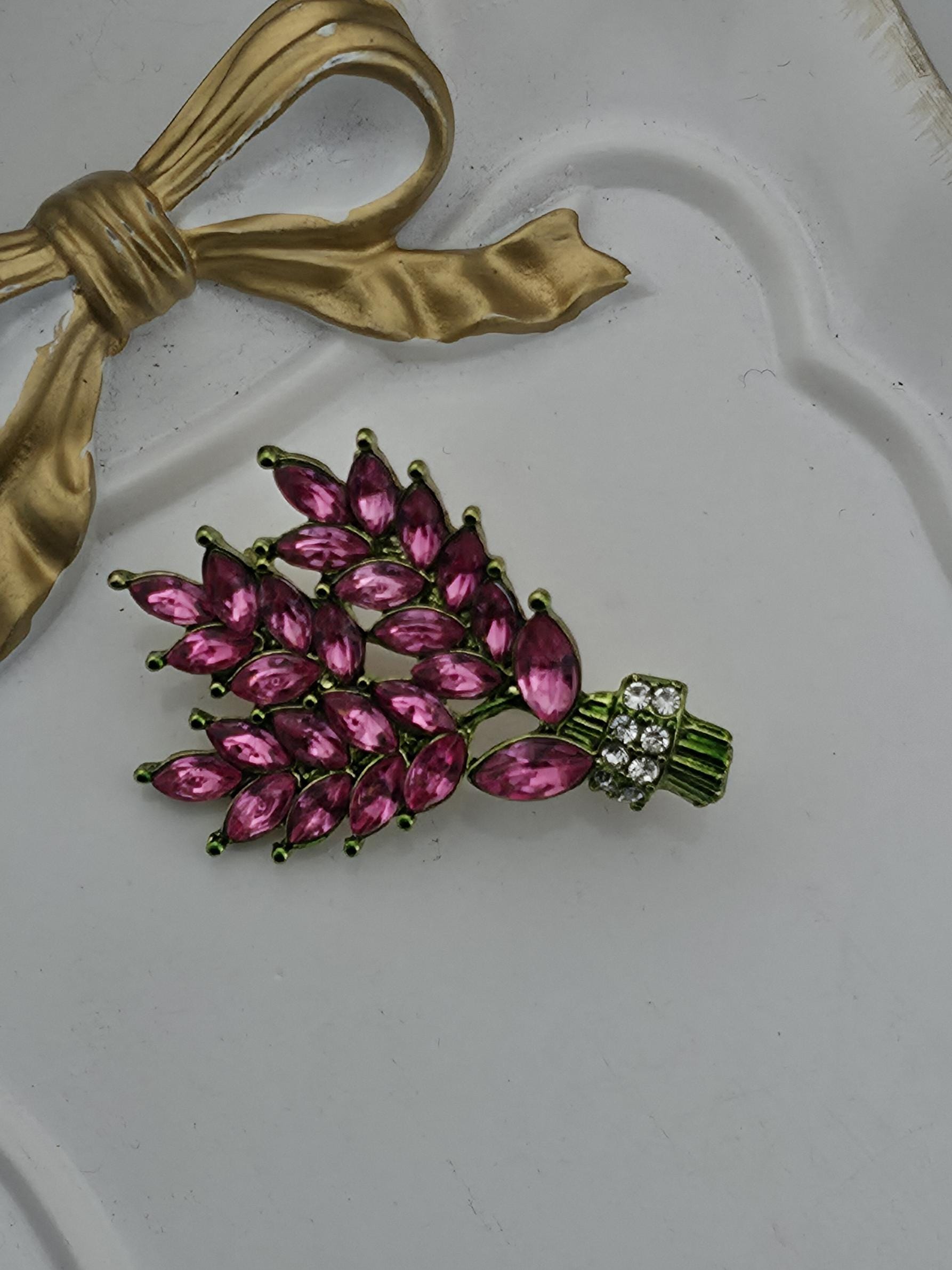 Bamboo Brooch Pin, Gold Plated with Pink Rhinestone (2 Inch)