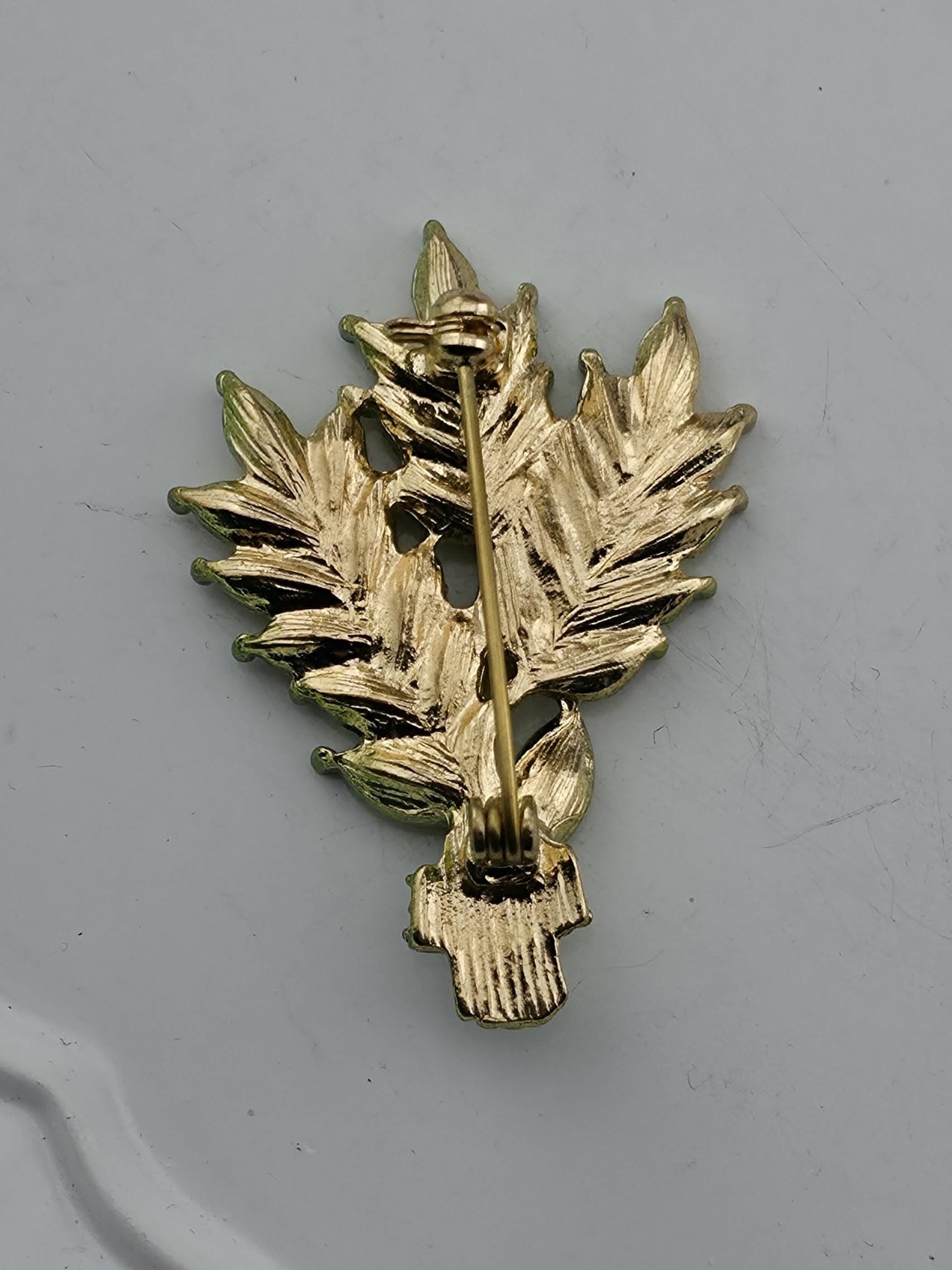 Bamboo Brooch Pin: Orange Rhinestones, Gold Tone Plated