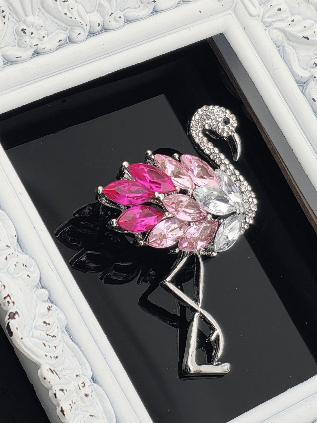 Pink Flamingo Brooch Pin, Enamel and Rhinestones (Silver Plated)