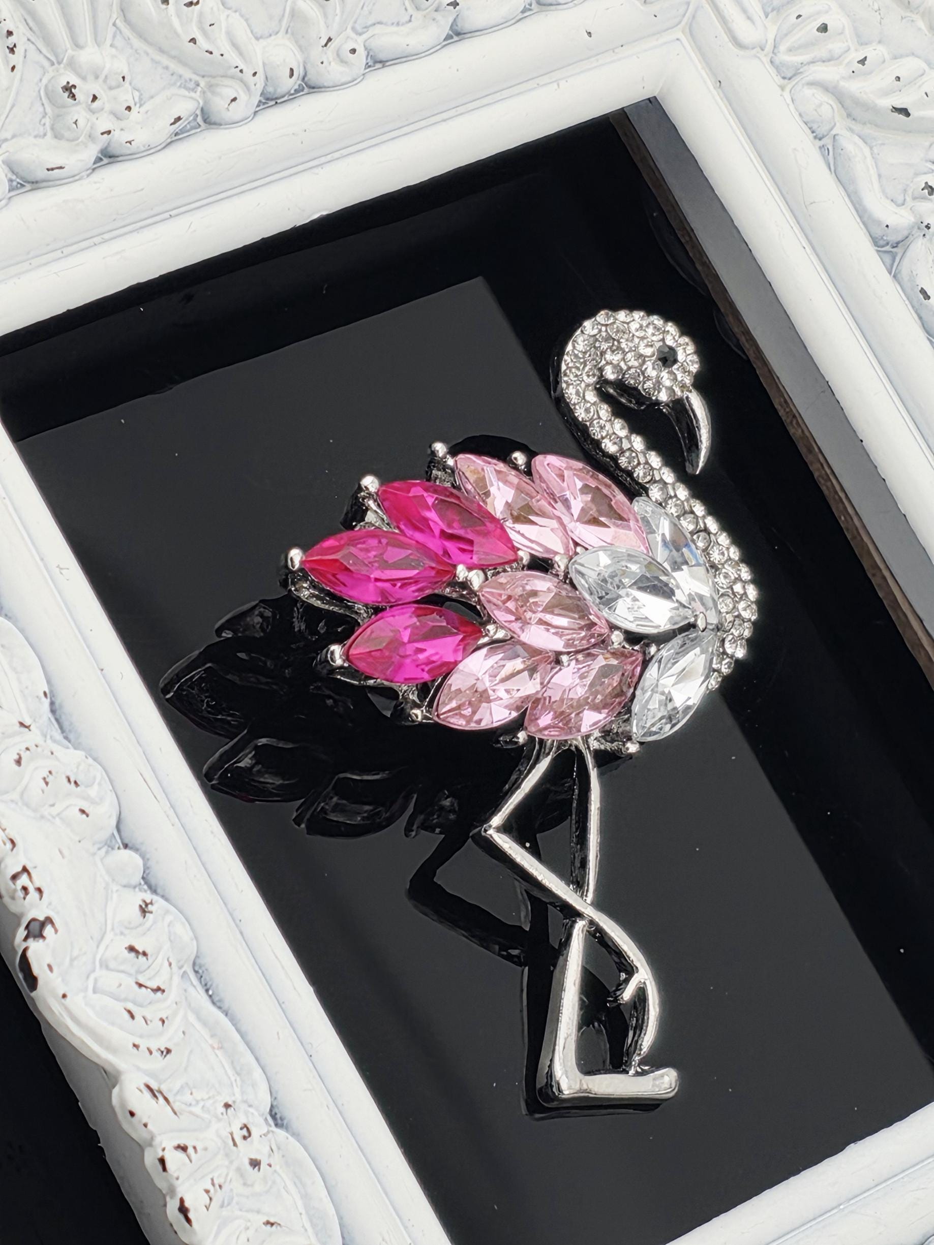 Pink Flamingo Brooch Pin, Enamel and Rhinestones (Silver Plated)