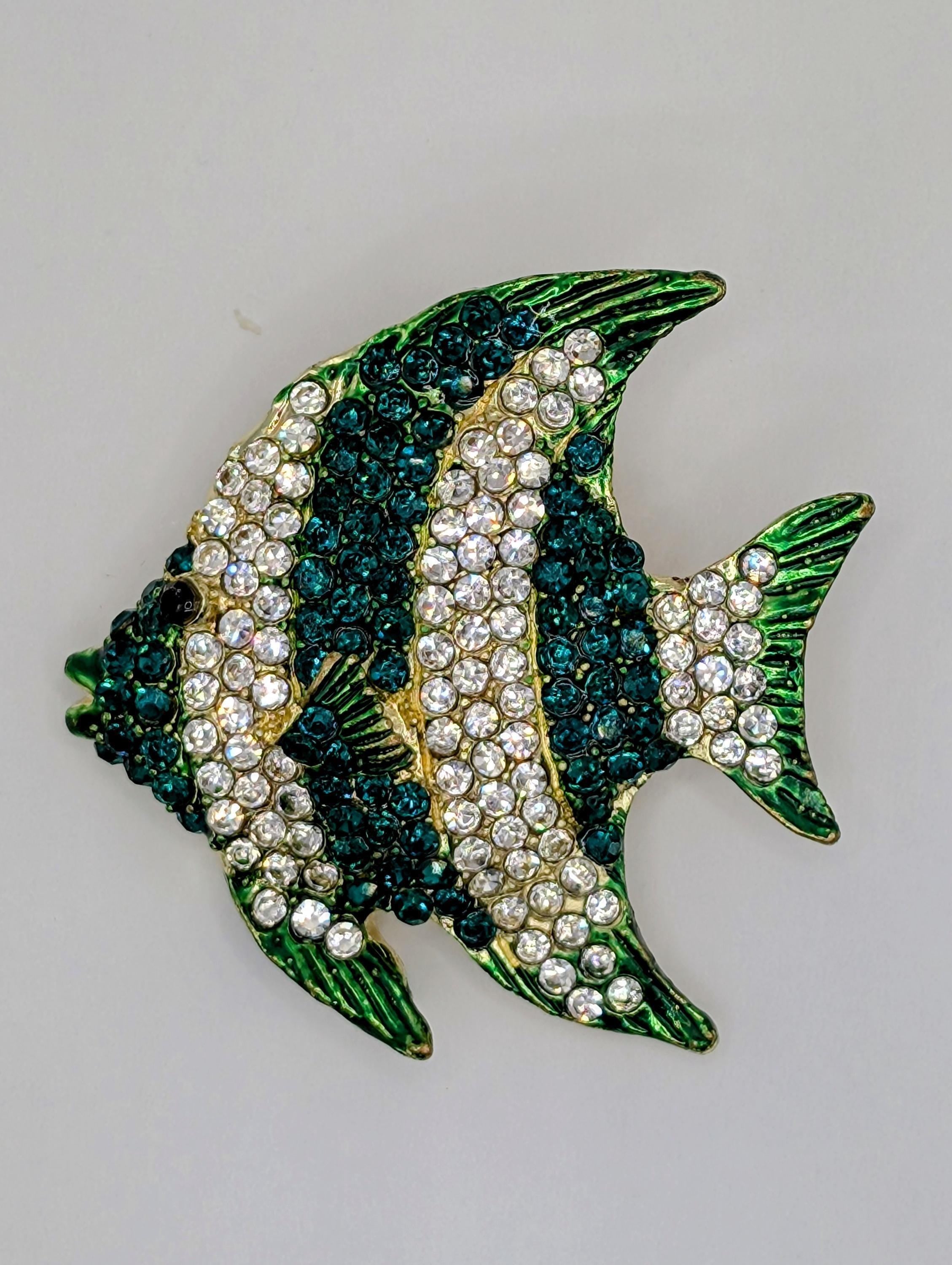 Fish Brooch Pin: Gold Plated, Emerald and Clear Rhinestones (Compact Size)