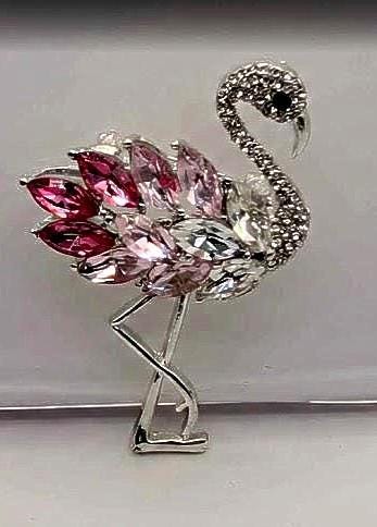 Pink Flamingo Brooch Pin, Enamel and Rhinestones (Silver Plated)