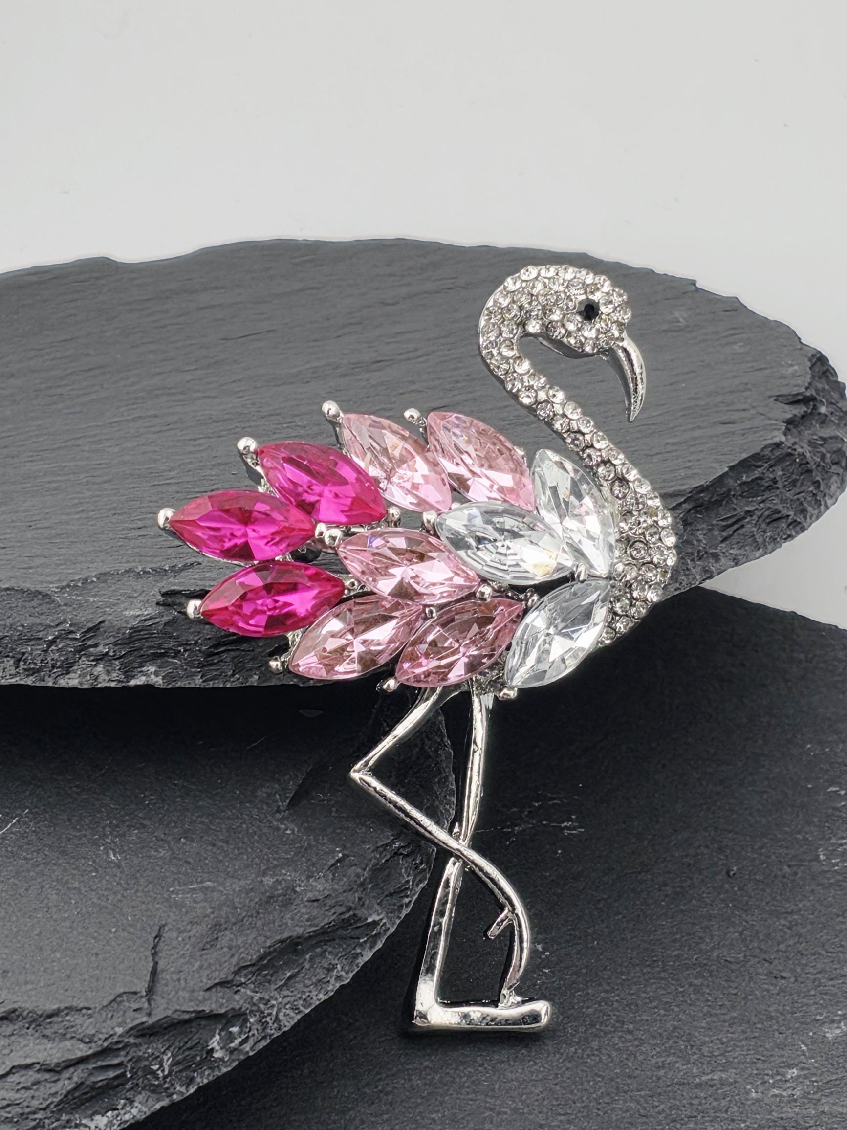 Pink Flamingo Brooch Pin, Enamel and Rhinestones (Silver Plated)