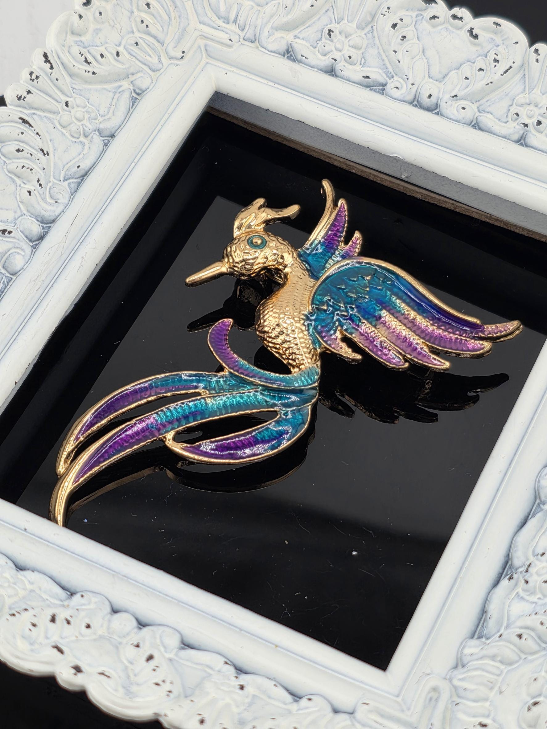Peacock Brooch: Rose Gold Plated, Blue Rhinestone Pin - Decorative Accessory | Handmade Pin | Jacket Scarf Hat Accessory | Gift Idea