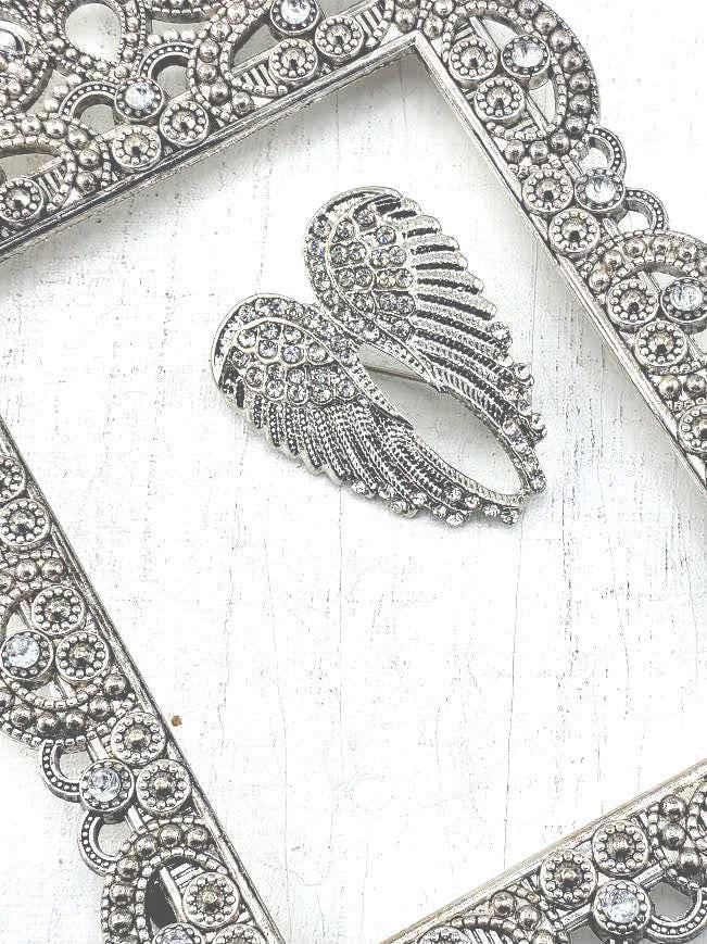 Angel Wings Brooch: Silver Plated, Delicate Rhinestone Pin