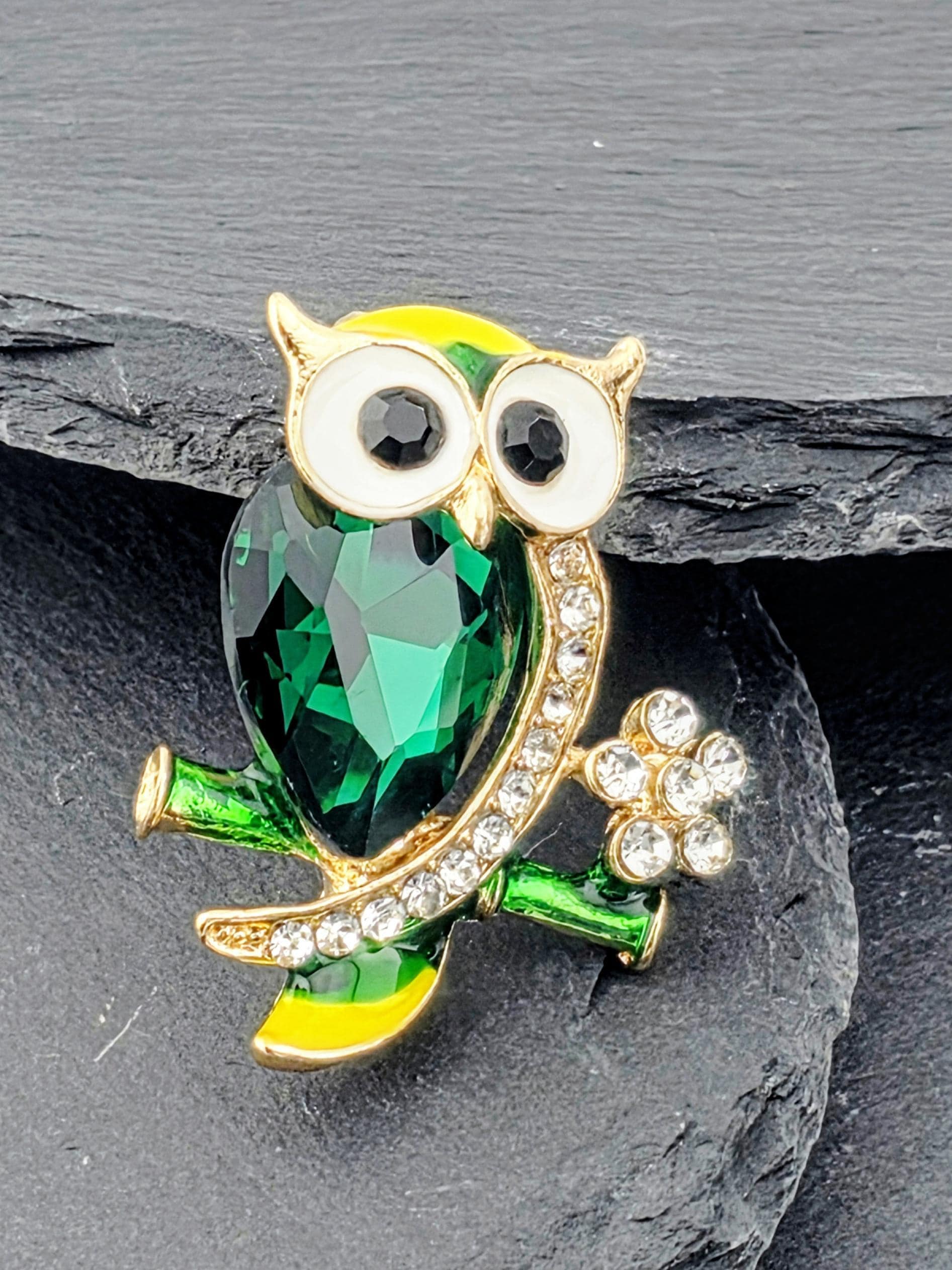 Gold Plated Owl Pin - Green and Yellow Enamel Accent | Handmade Pin | Jacket Scarf Hat Accessory | Gift Idea