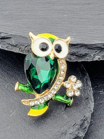 Gold Plated Owl Pin - Green and Yellow Enamel Accent | Handmade Pin | Jacket Scarf Hat Accessory | Gift Idea