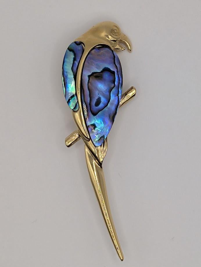 Abalone Bird Brooch Pin, Iridescent Shell, Gold Plated (Handmade)