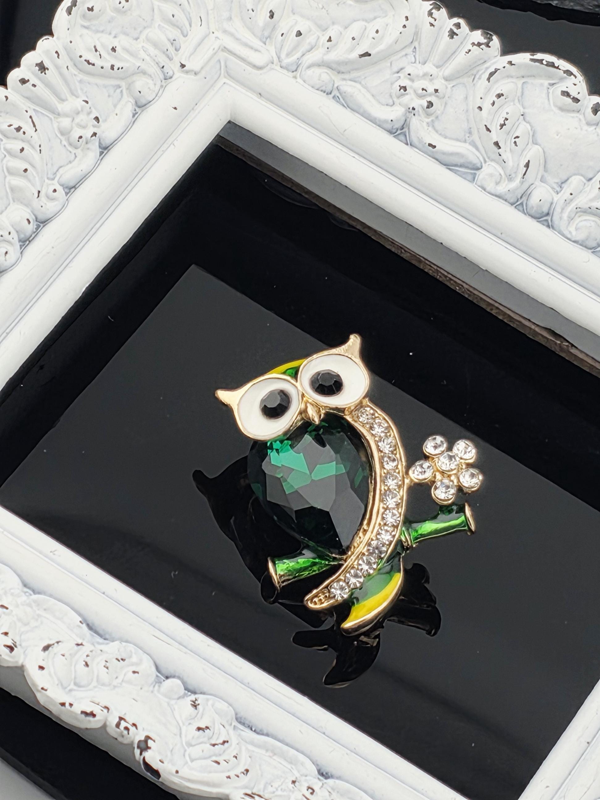 Gold Plated Owl Pin - Green and Yellow Enamel Accent | Handmade Pin | Jacket Scarf Hat Accessory | Gift Idea