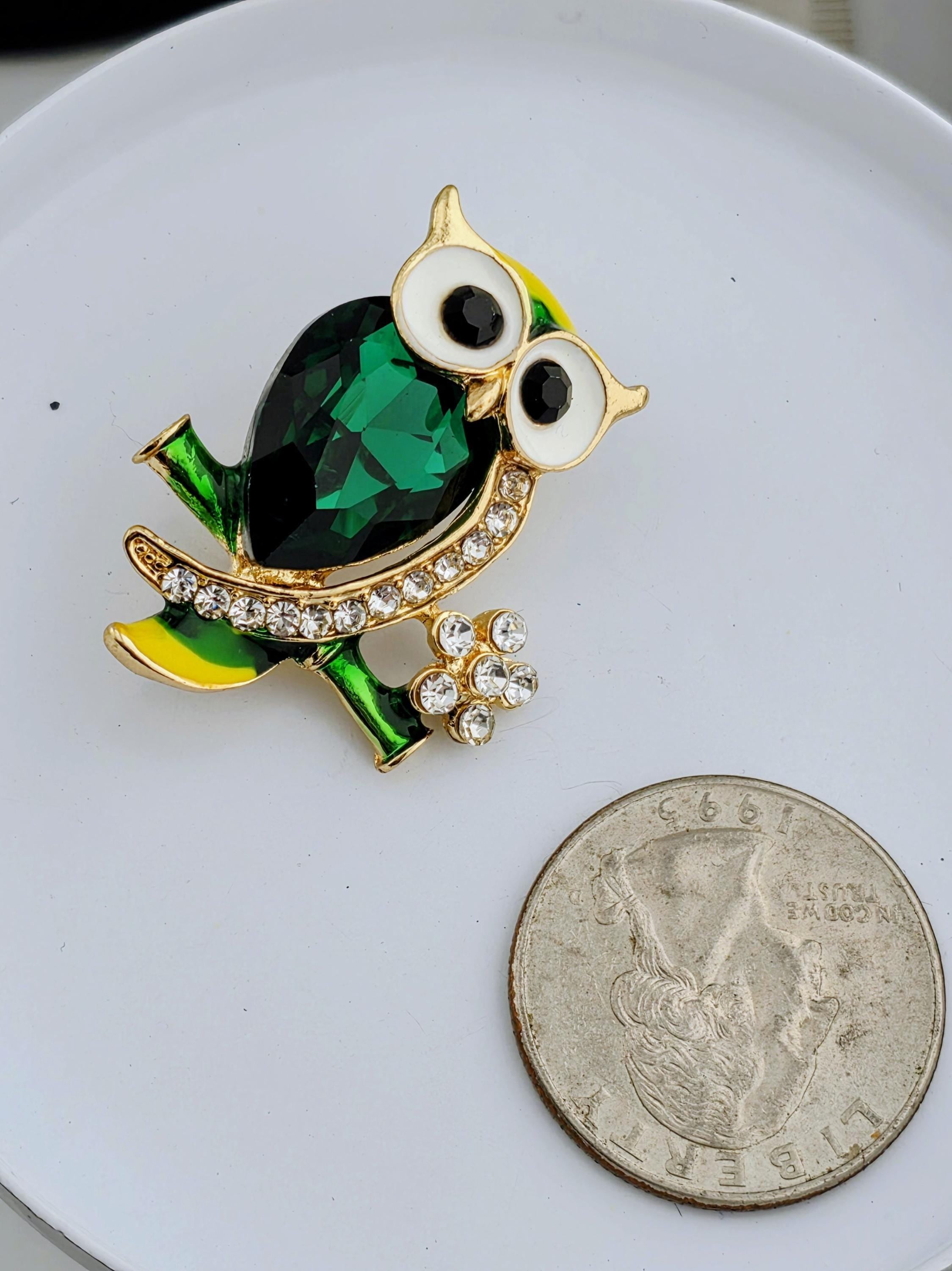 Gold Plated Owl Pin - Green and Yellow Enamel Accent | Handmade Pin | Jacket Scarf Hat Accessory | Gift Idea