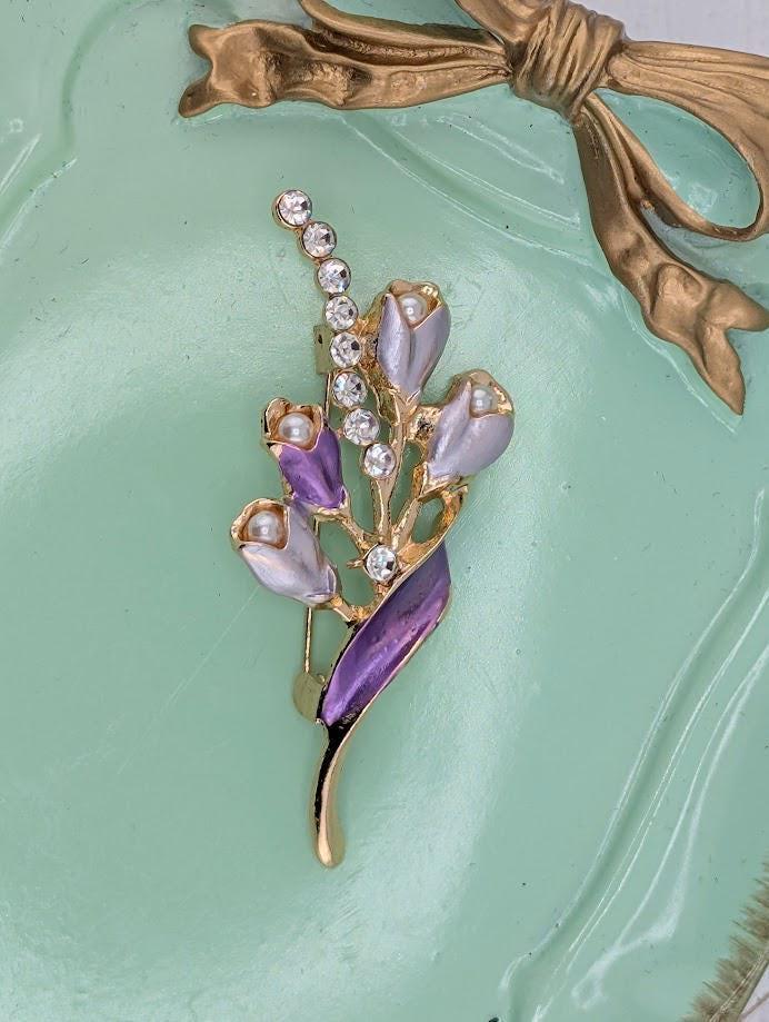 Gold Plated Floral Brooch, Purple & White Enamel Pin (2 Inch Elegant Design)