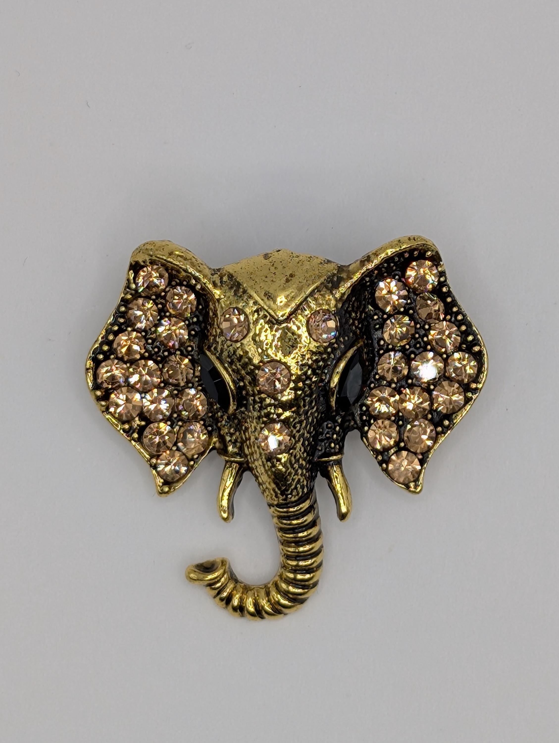 Elephant Brooch Pin: Gold Plated Animal Pendant (Rhinestone Detail) | Handmade Pin | Jacket Scarf Hat Accessory | Gift Idea