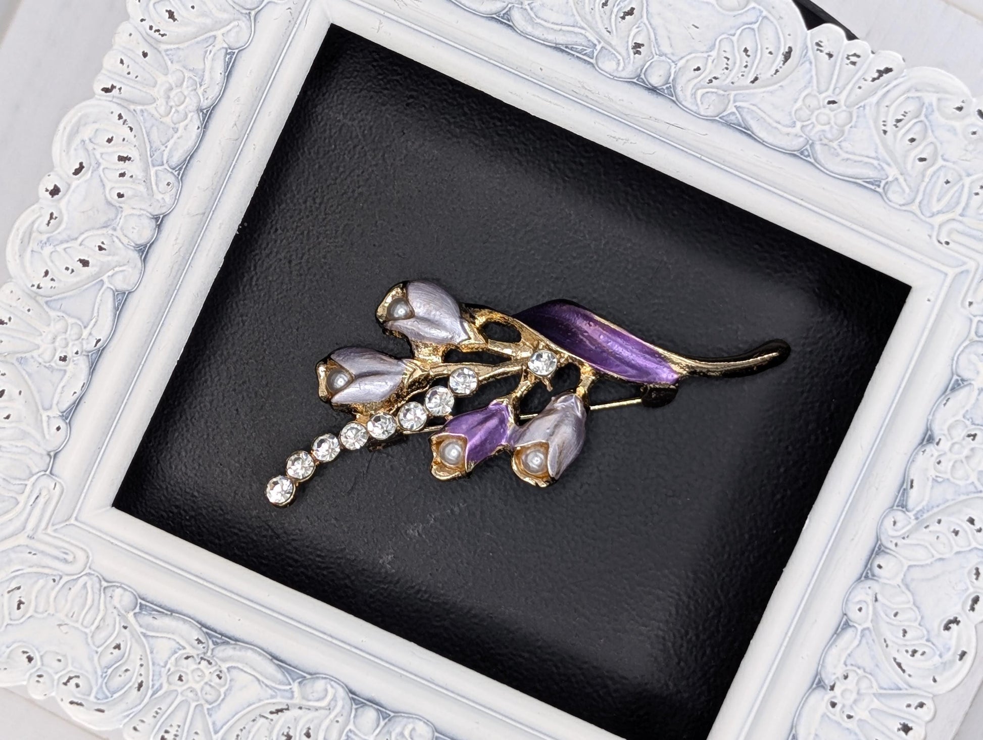 Gold Plated Floral Brooch, Purple & White Enamel Pin (2 Inch Elegant Design)
