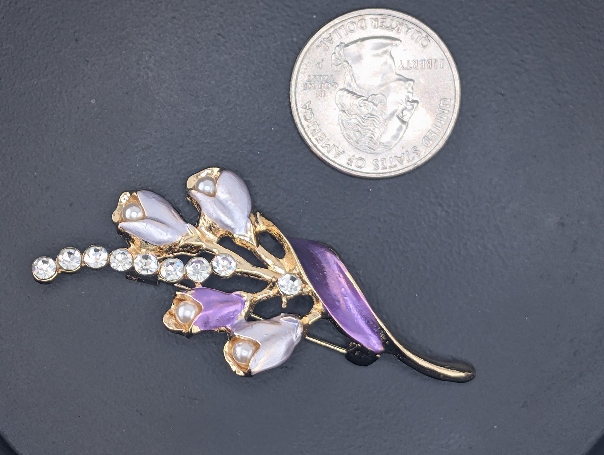 Gold Plated Floral Brooch, Purple & White Enamel Pin (2 Inch Elegant Design)