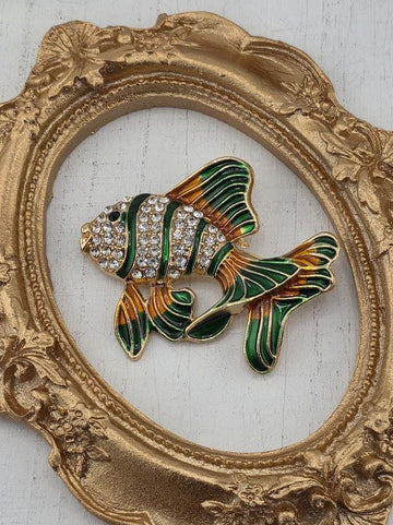 Colorful Fish Brooch: Gold Plated with Green and Orange Enamel
