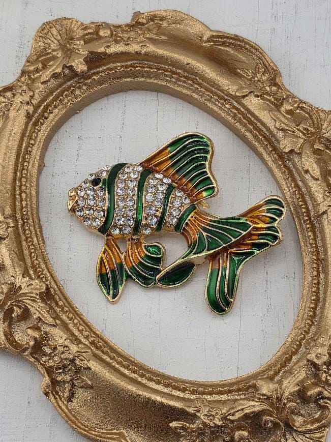 Colorful Fish Brooch: Gold Plated with Green and Orange Enamel
