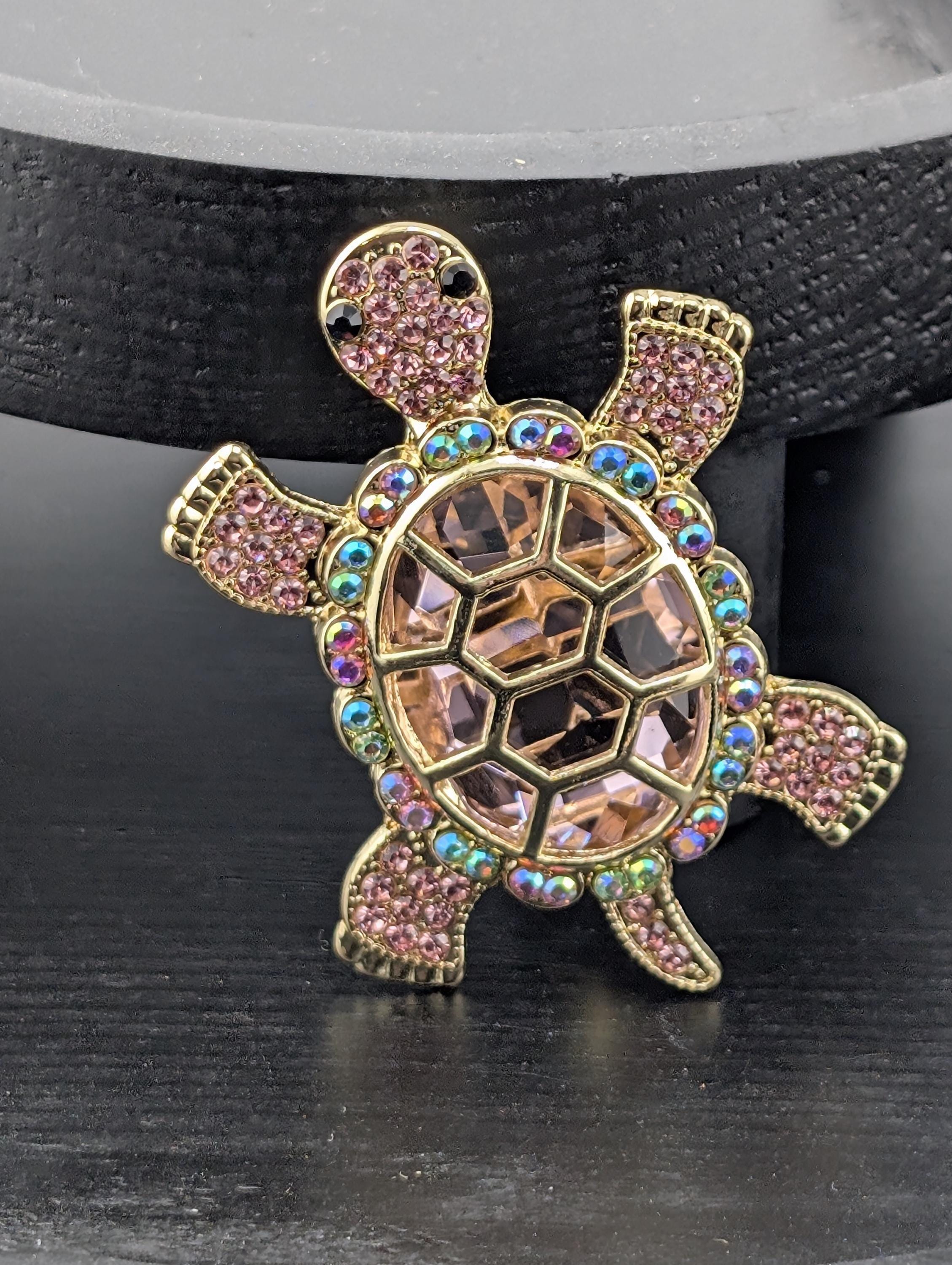 Gold Plated Turtle Brooch: Pink Rhinestones, Beach Inspired Pin