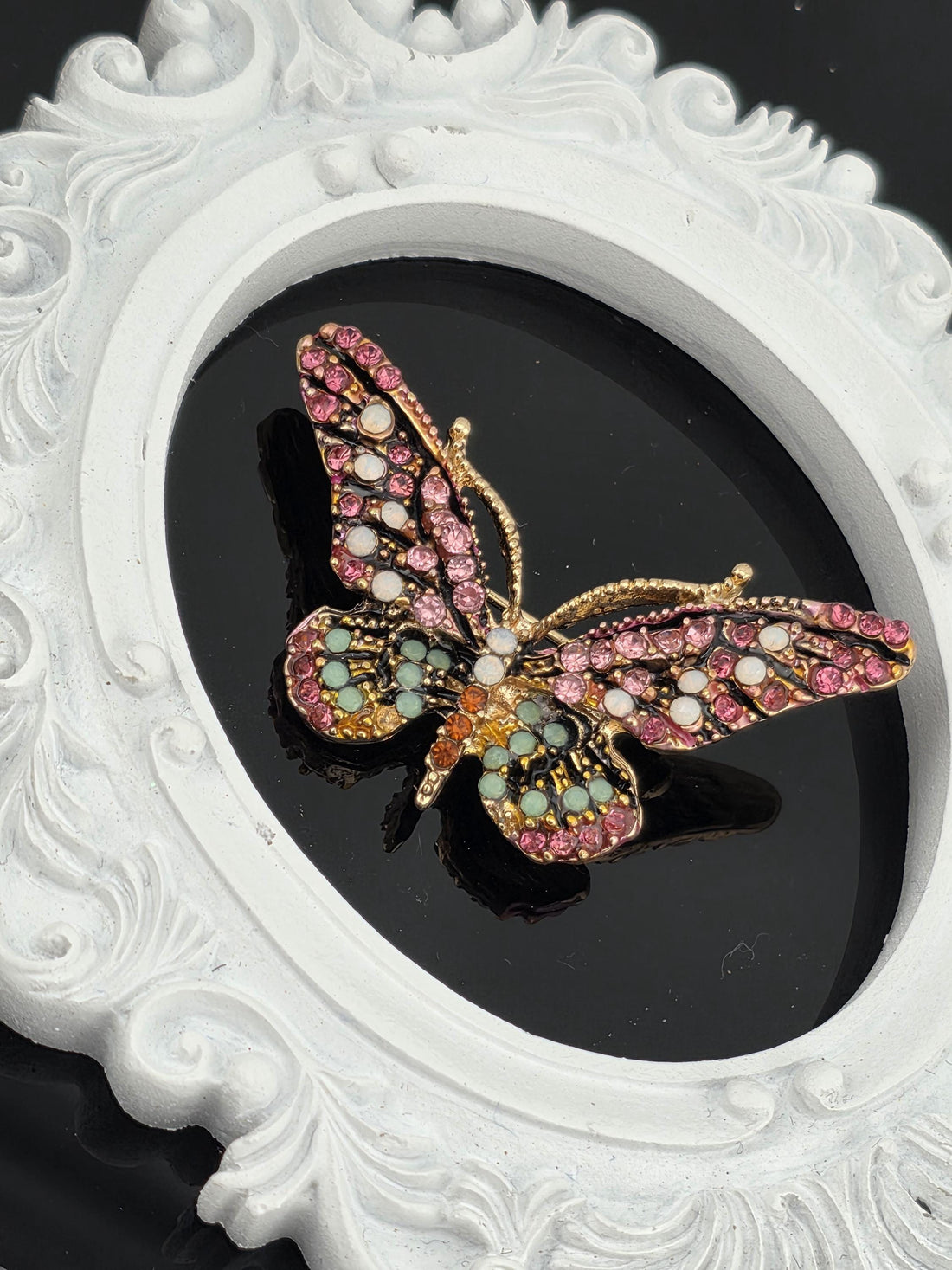 Gold Plated Enamel Brooch Pin: Pink and Mint with Rhinestone Sparkle