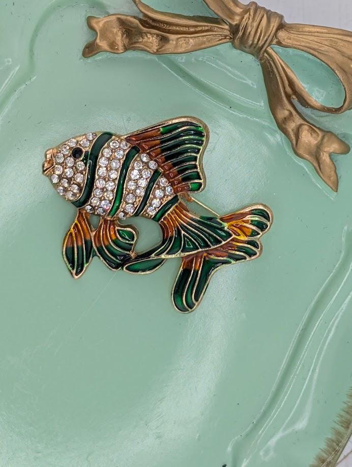 Colorful Fish Brooch: Gold Plated with Green and Orange Enamel