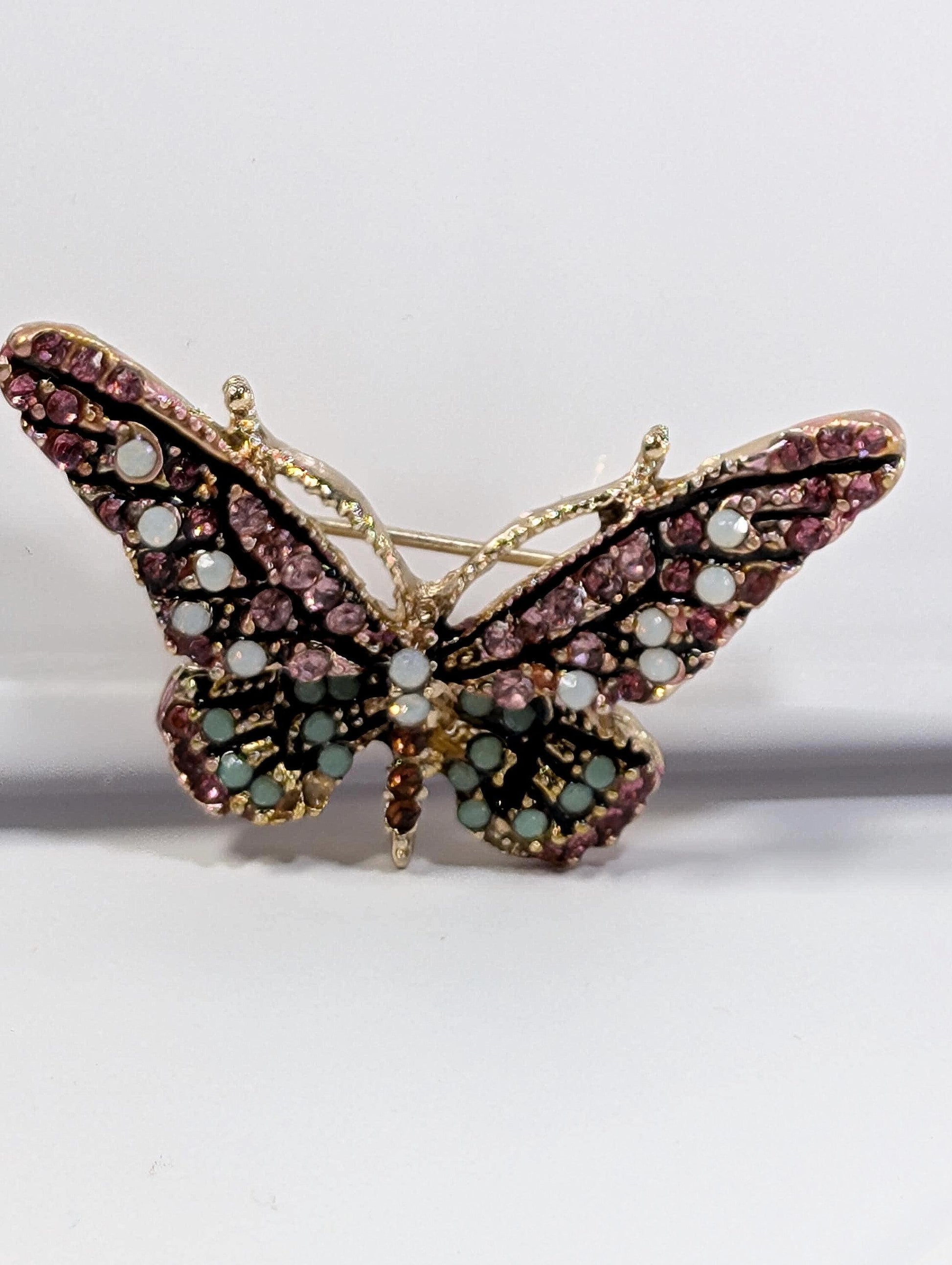Gold Plated Enamel Brooch Pin: Pink and Mint with Rhinestone Sparkle | Handmade Pin | Jacket Scarf Hat Accessory | Gift Idea