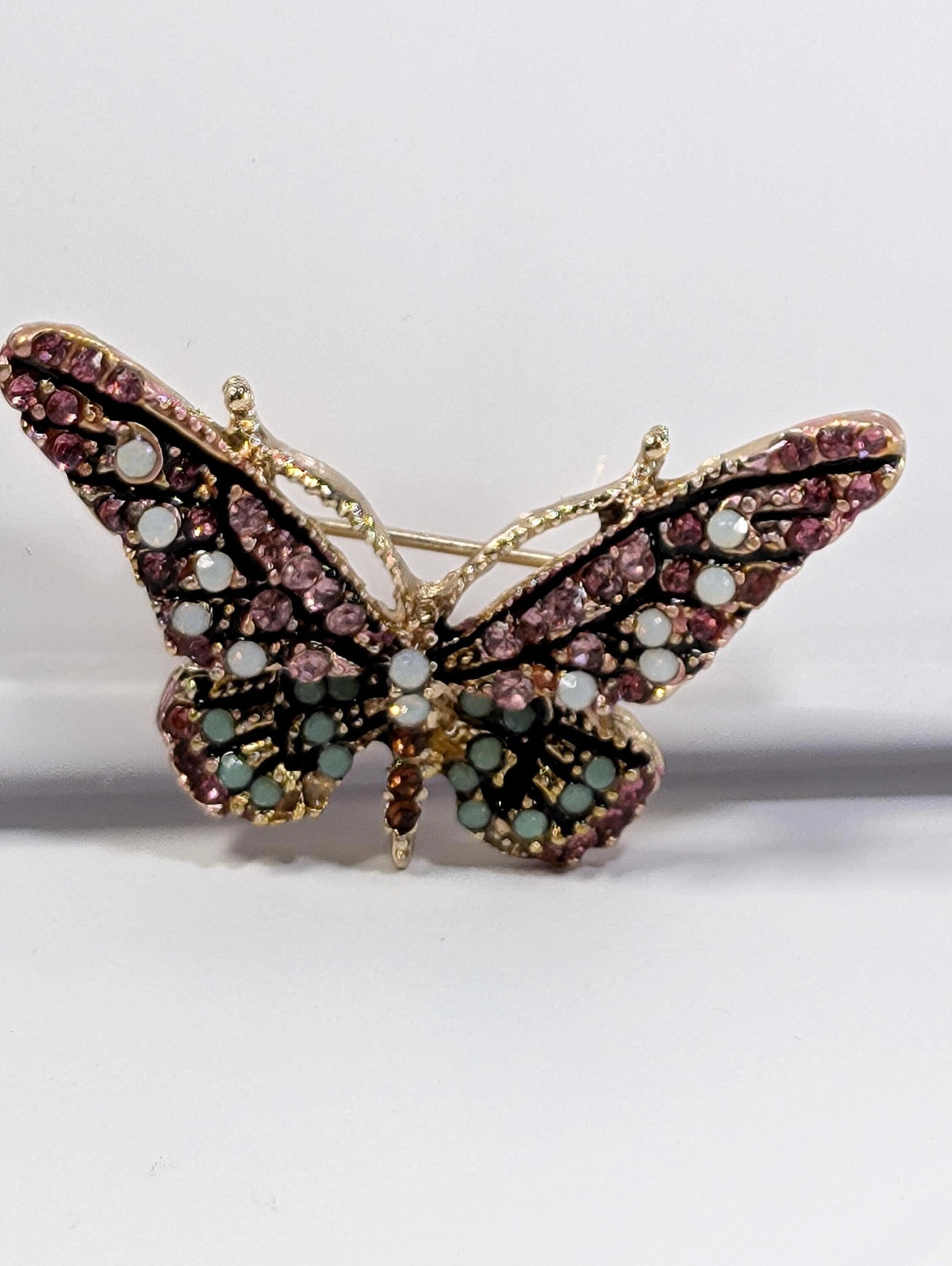 Gold Plated Enamel Brooch Pin: Pink and Mint with Rhinestone Sparkle