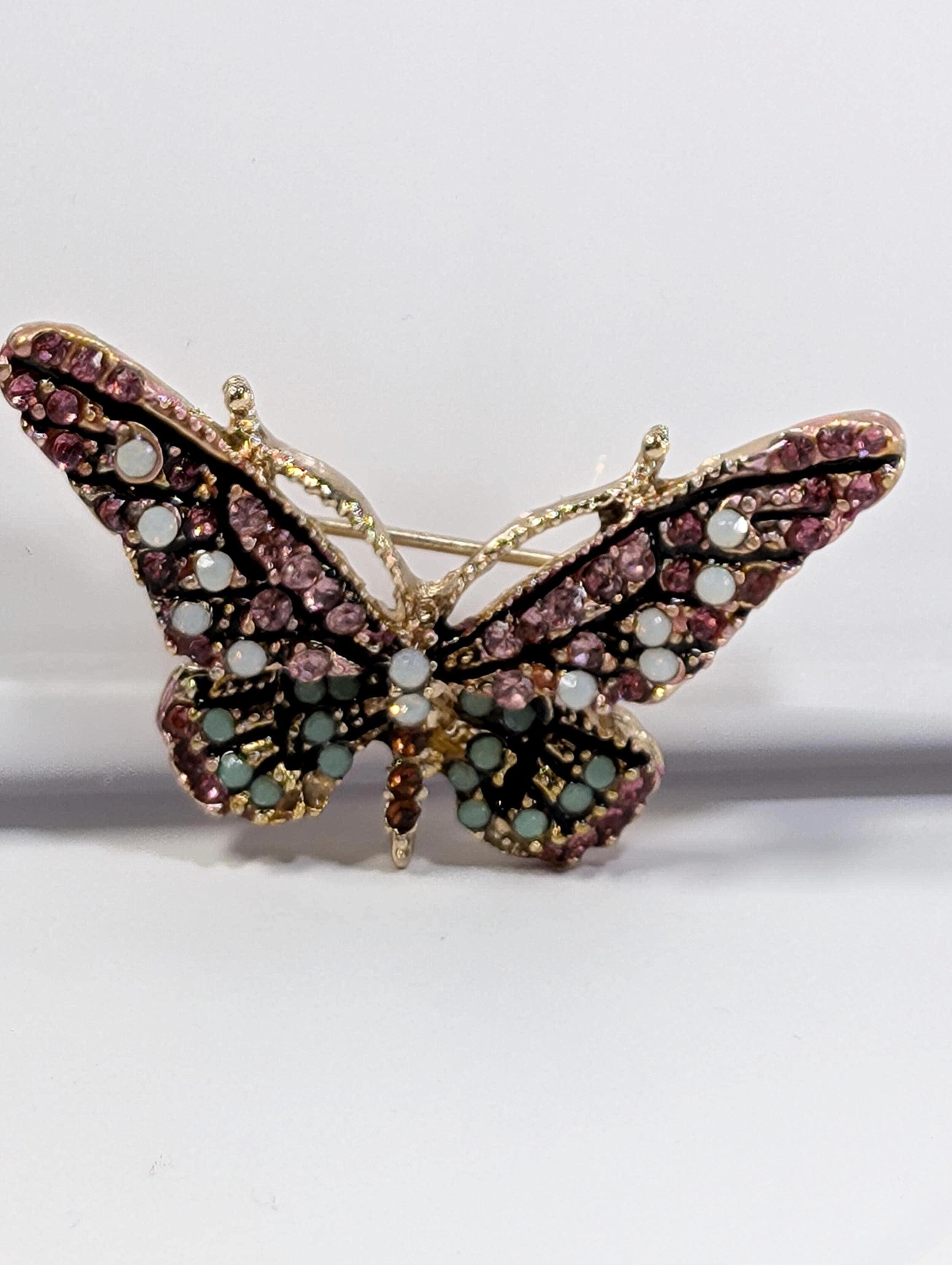 Gold Plated Enamel Brooch Pin: Pink and Mint with Rhinestone Sparkle